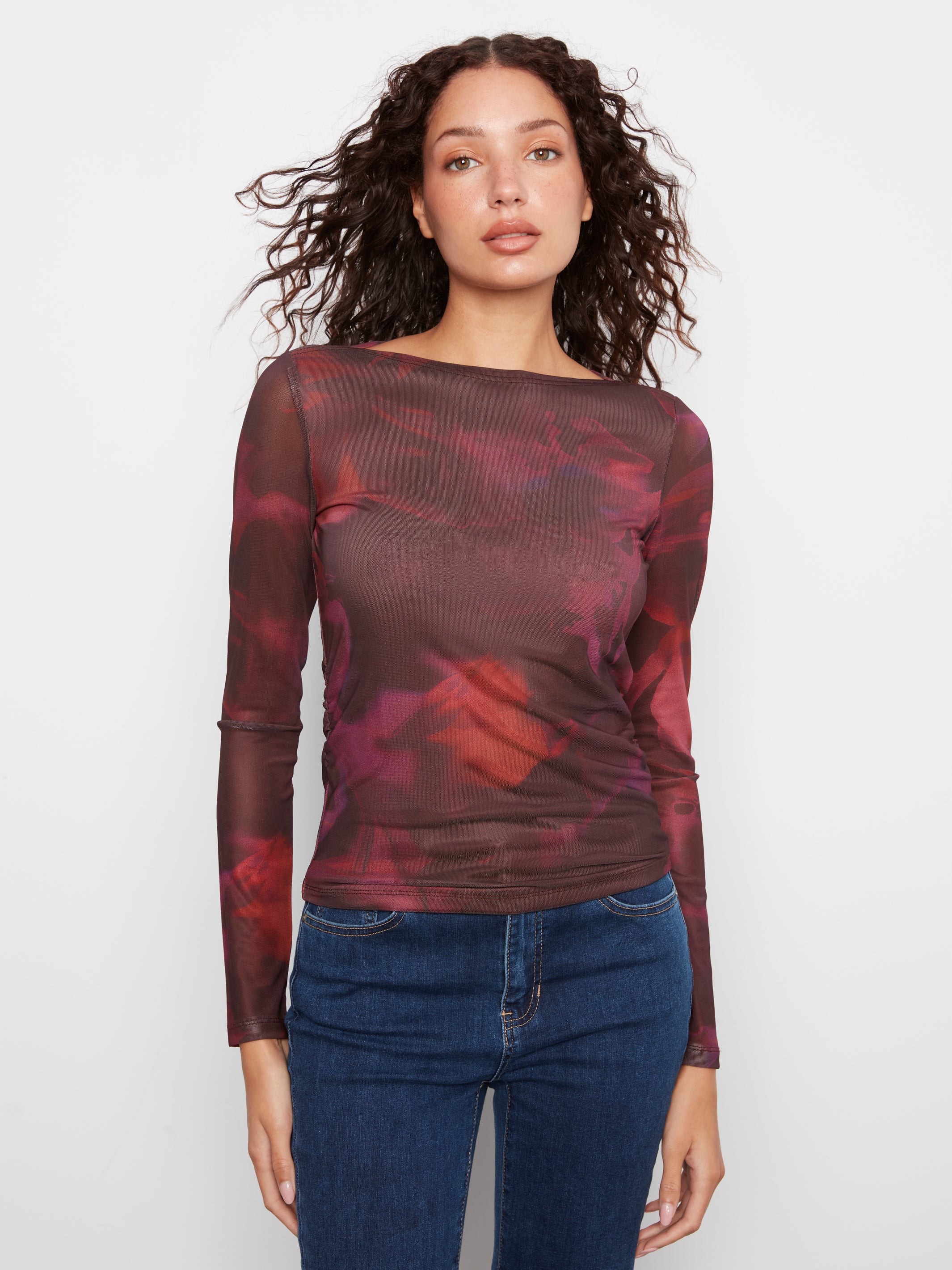 Printed Mesh Boat Neck Top