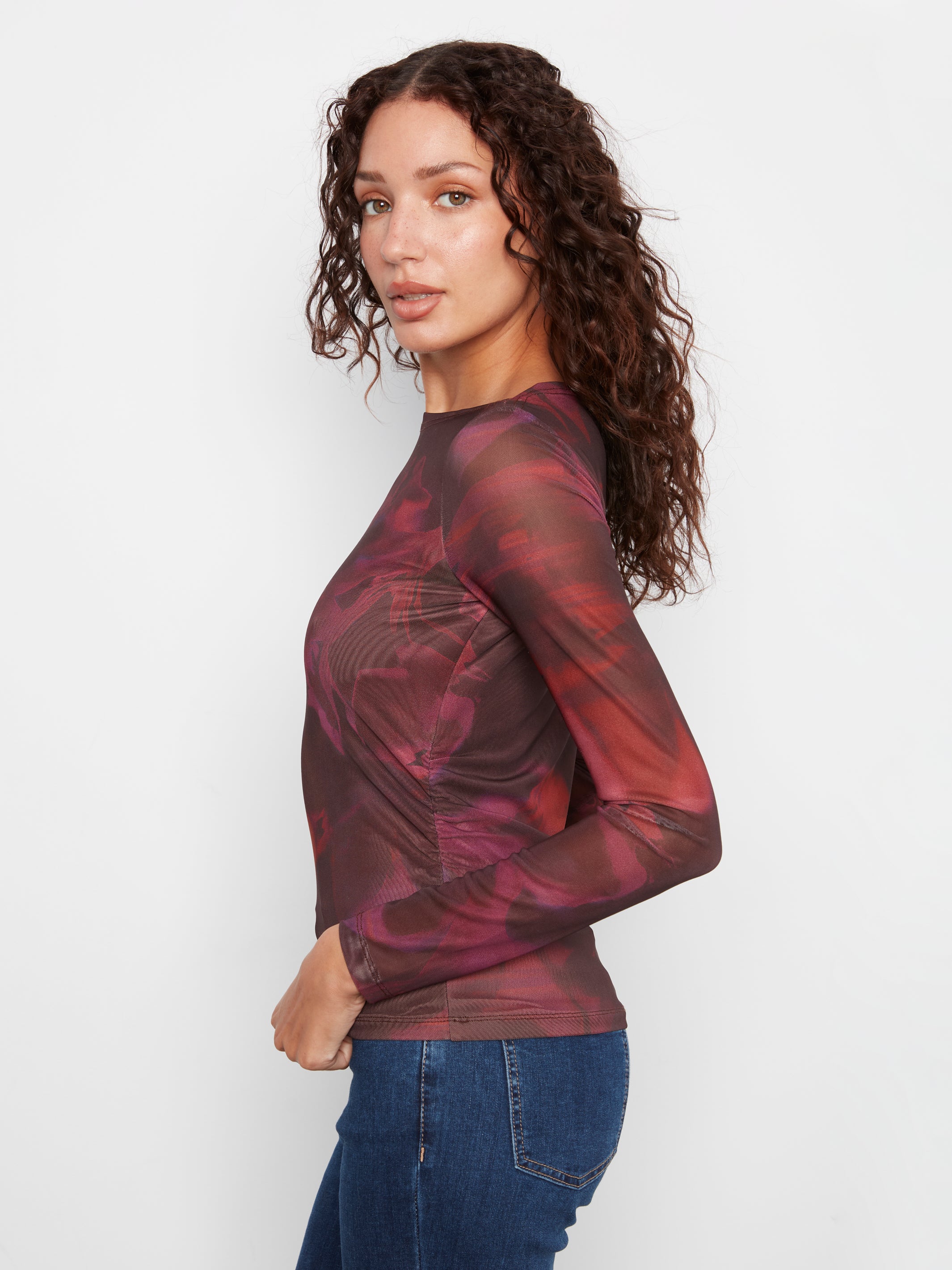 Printed Mesh Boat Neck Top