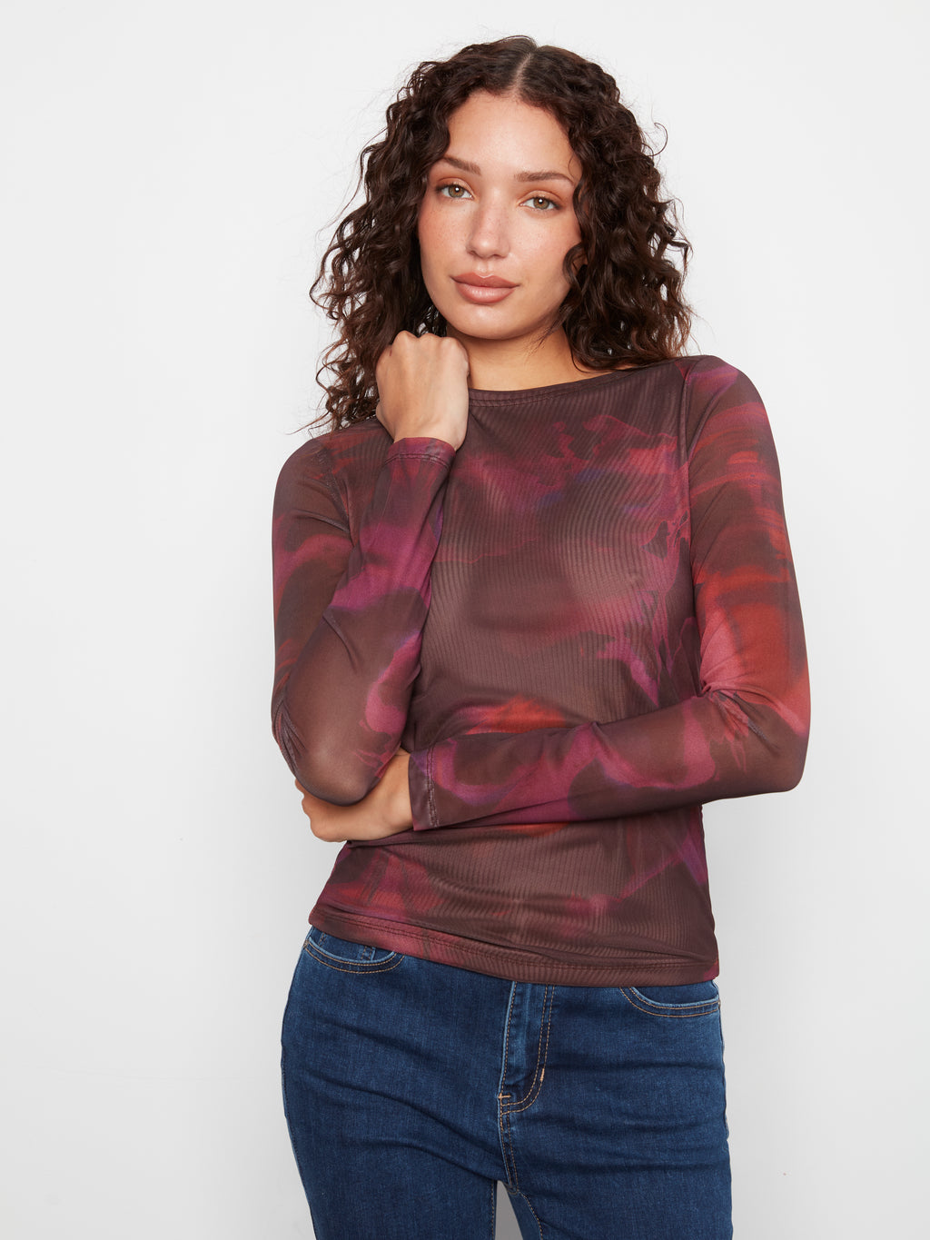 Printed Mesh Boat Neck Top