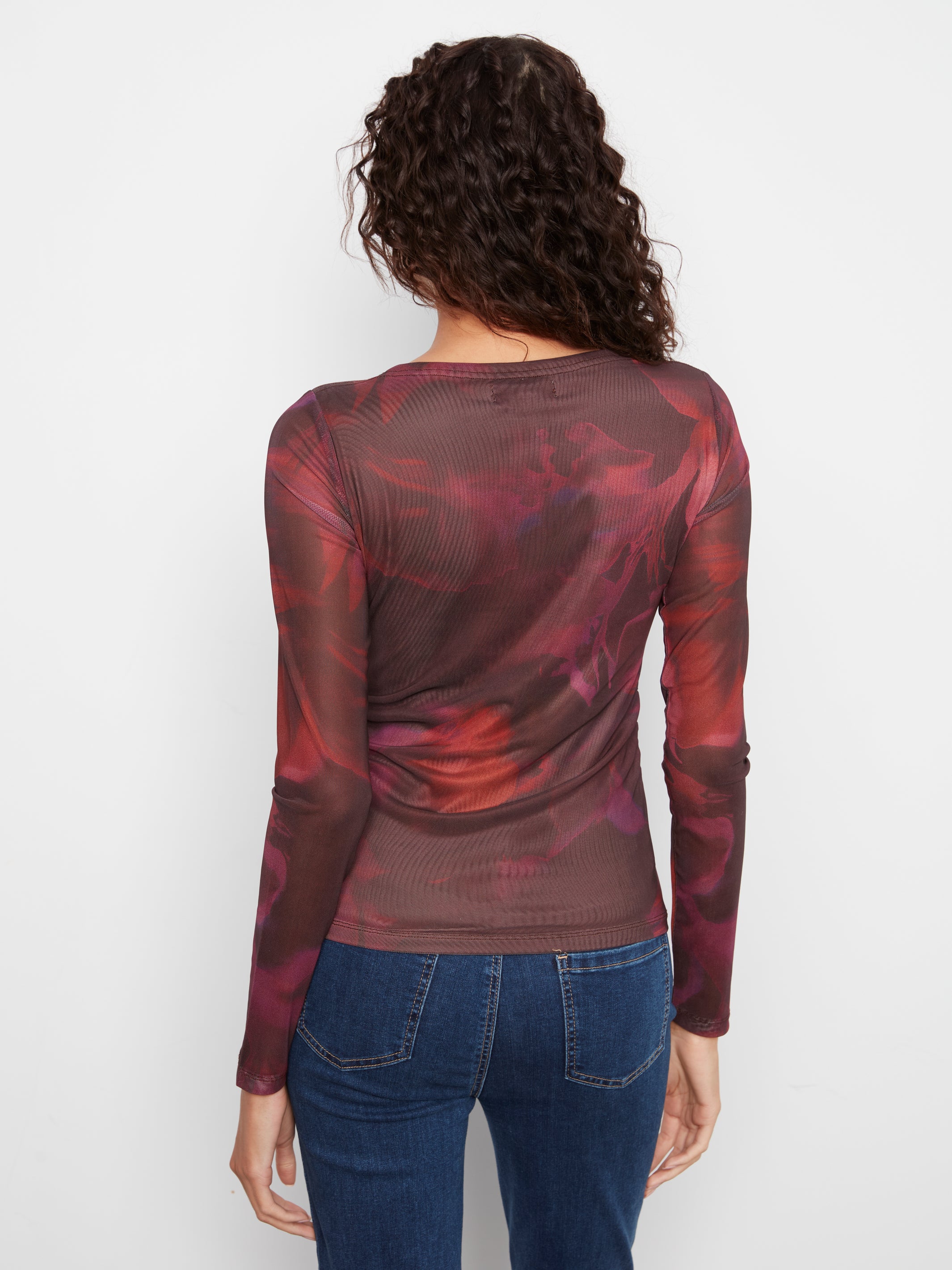 Printed Mesh Boat Neck Top