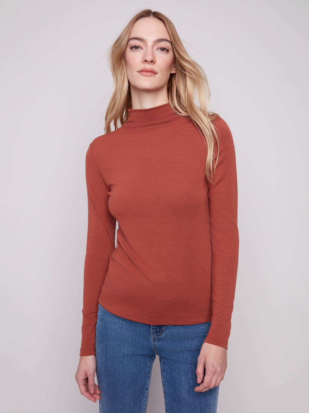 Long Sleeve Mock Neck Fine Rib Top