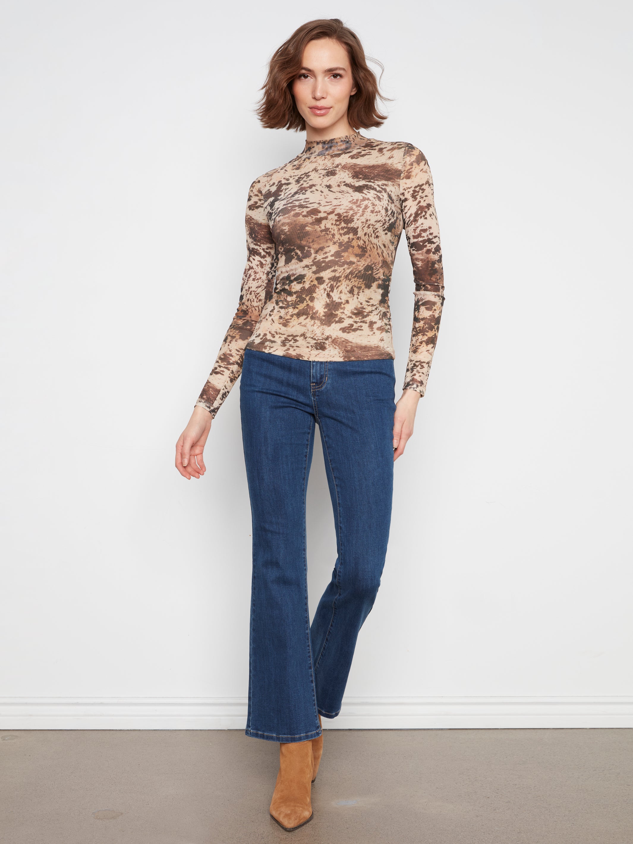 Printed Mesh Mock Neck Top
