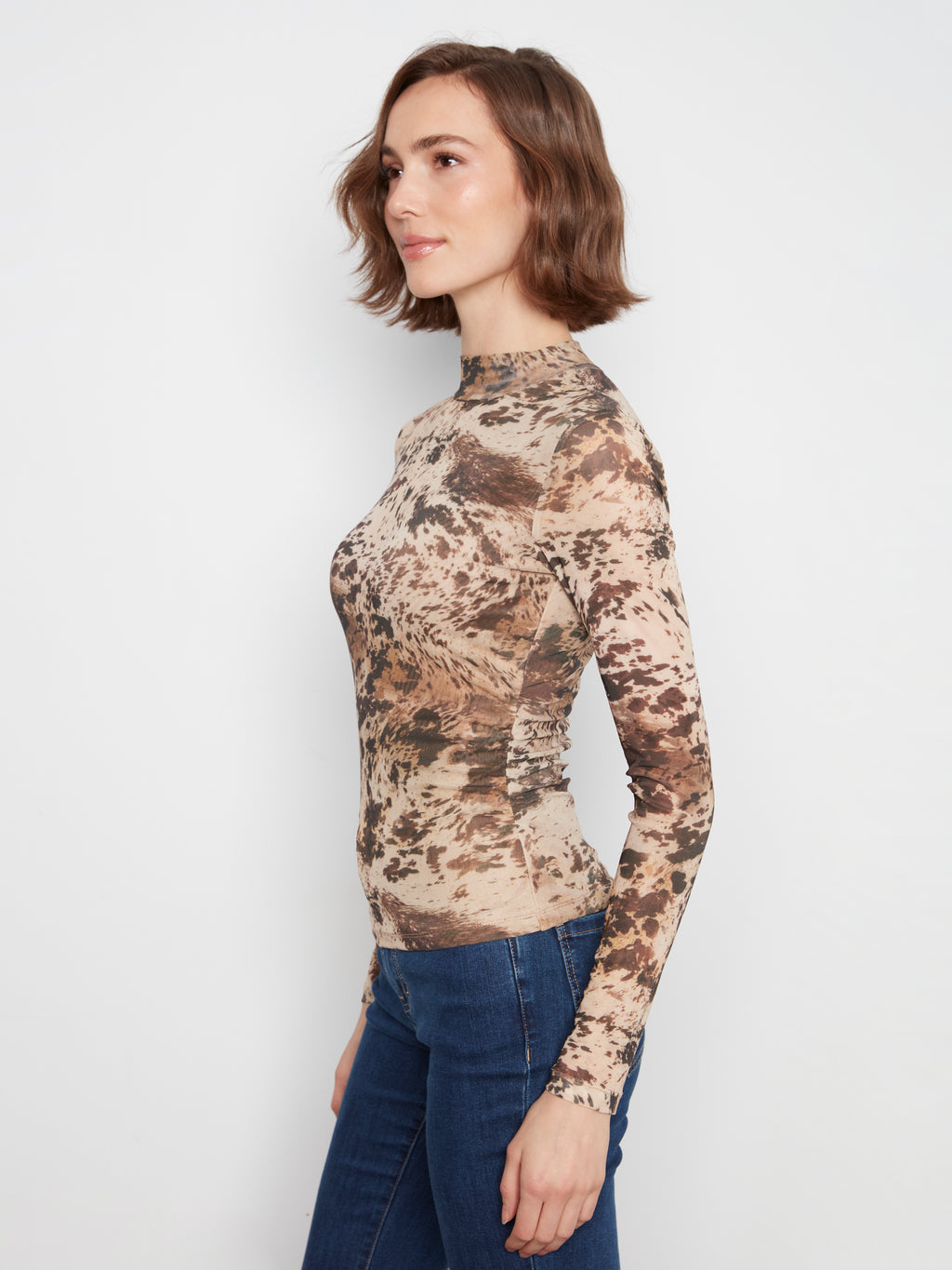 Printed Mesh Mock Neck Top