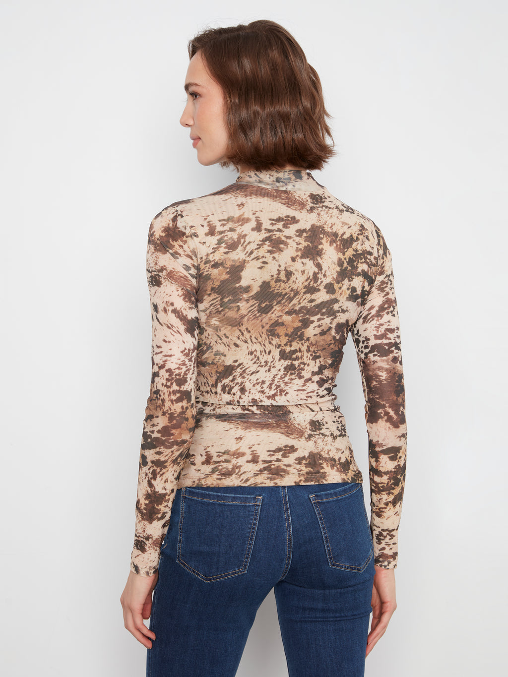 Printed Mesh Mock Neck Top