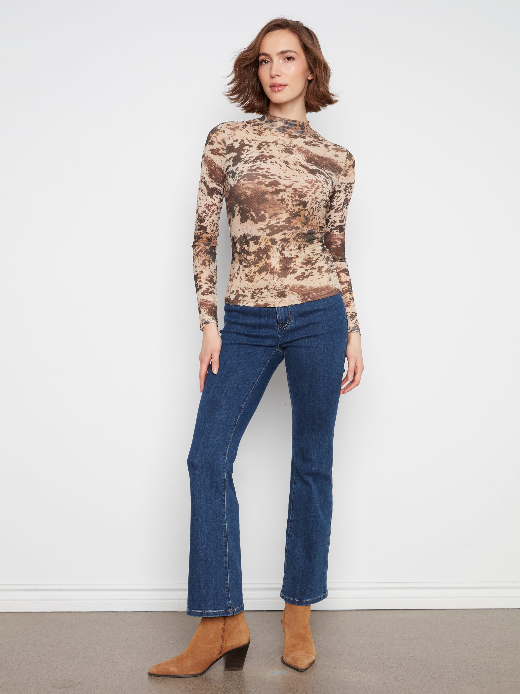 Printed Mesh Mock Neck Top