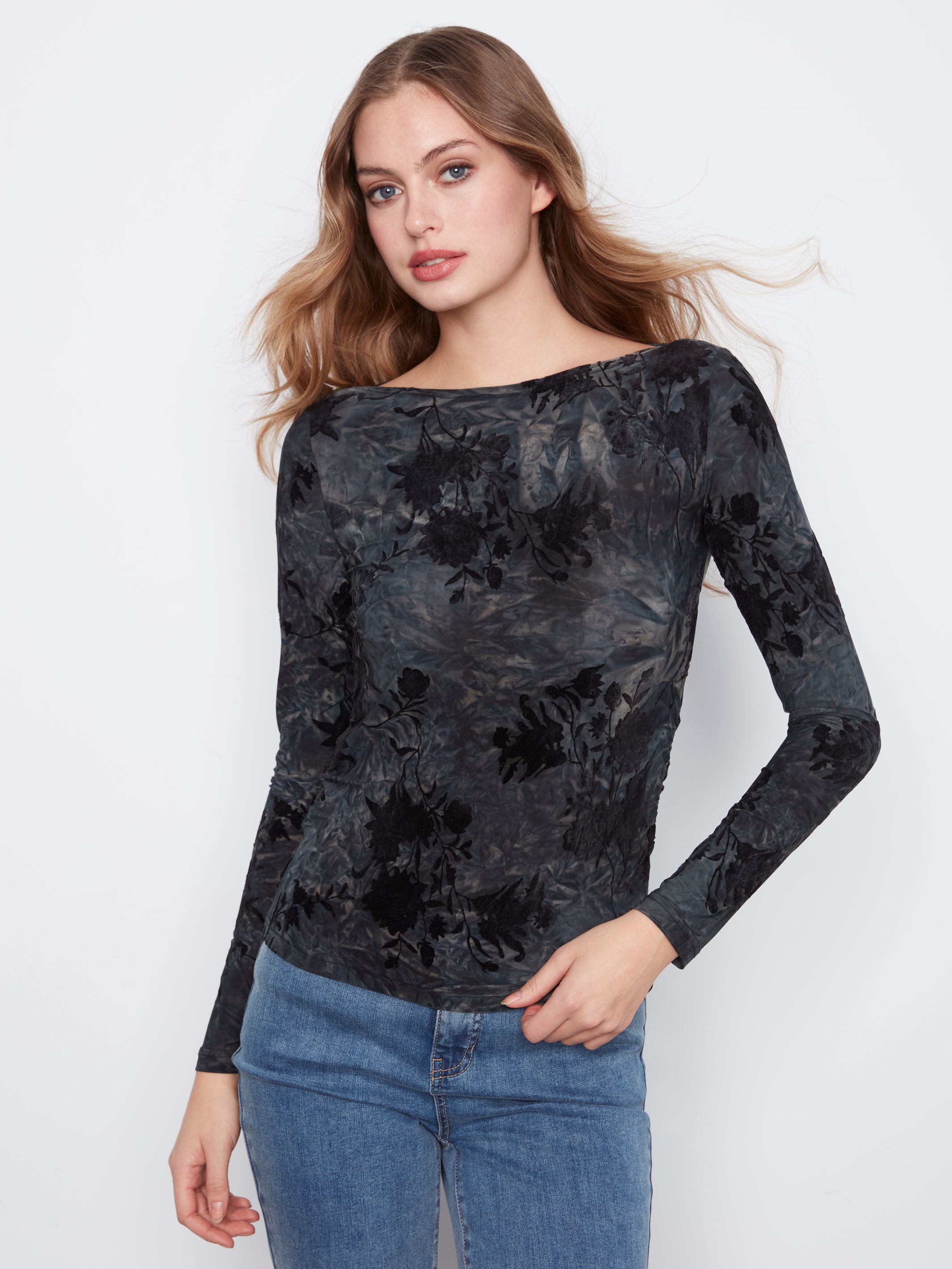 Long Sleeve Boat Neck Top with Side Ruching