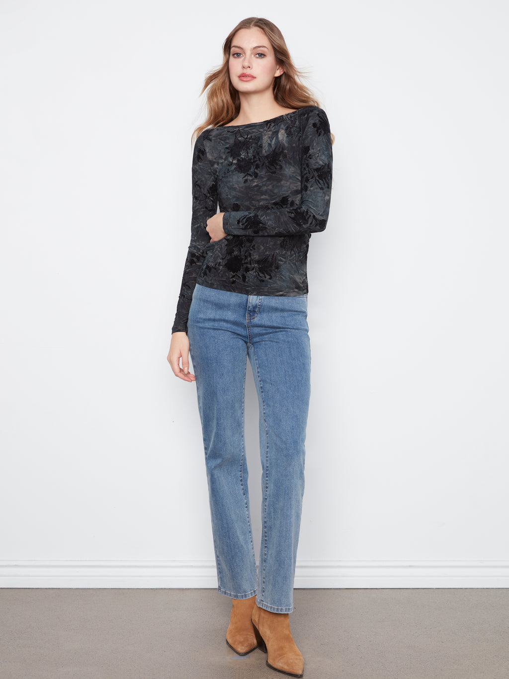 Long Sleeve Boat Neck Top with Side Ruching