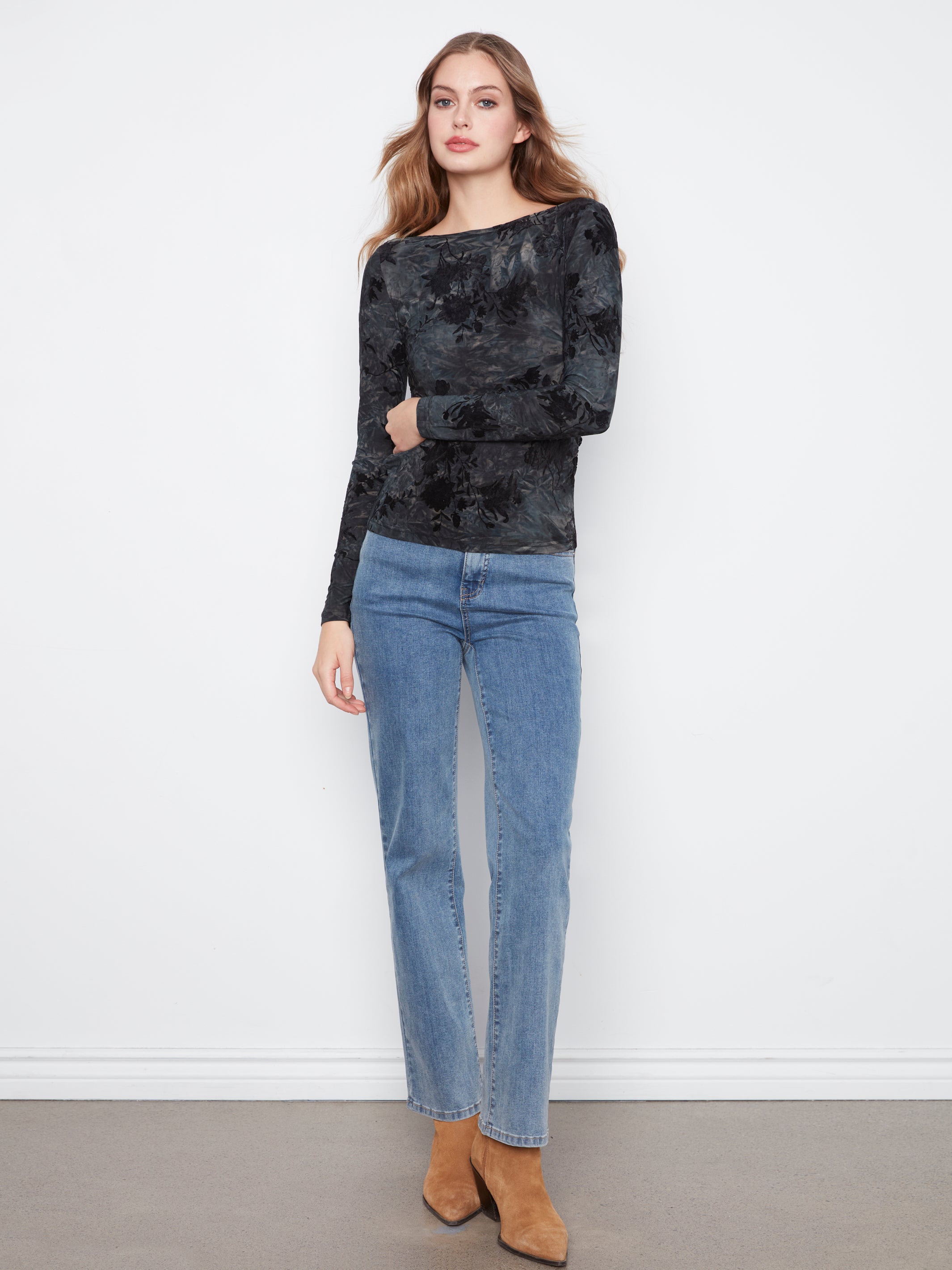 Long Sleeve Boat Neck Top with Side Ruching