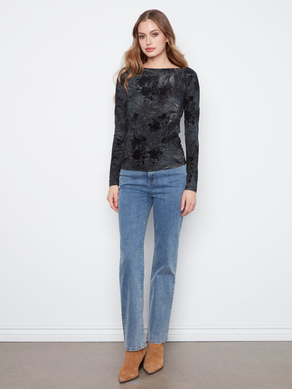Long Sleeve Boat Neck Top with Side Ruching