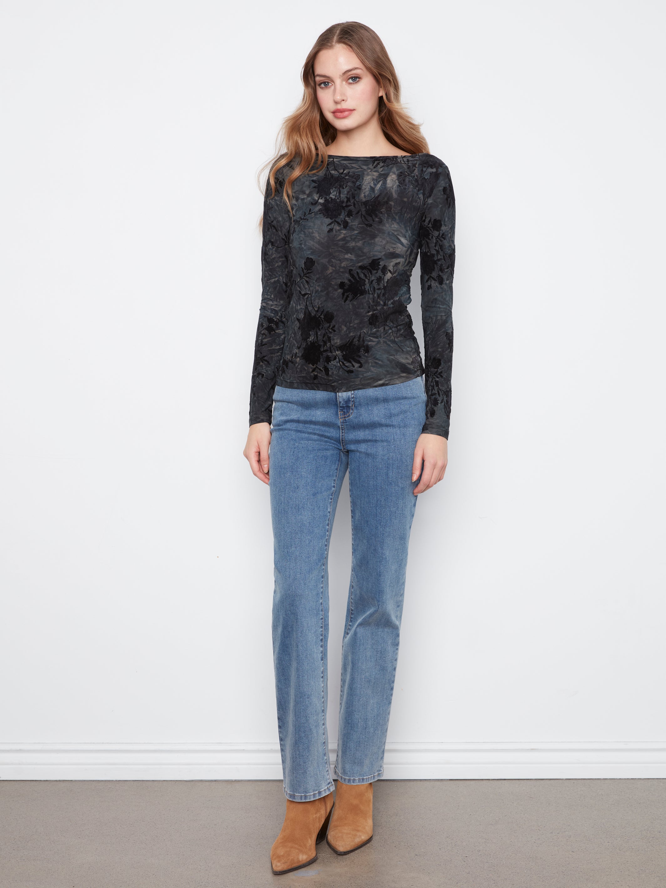 Long Sleeve Boat Neck Top with Side Ruching