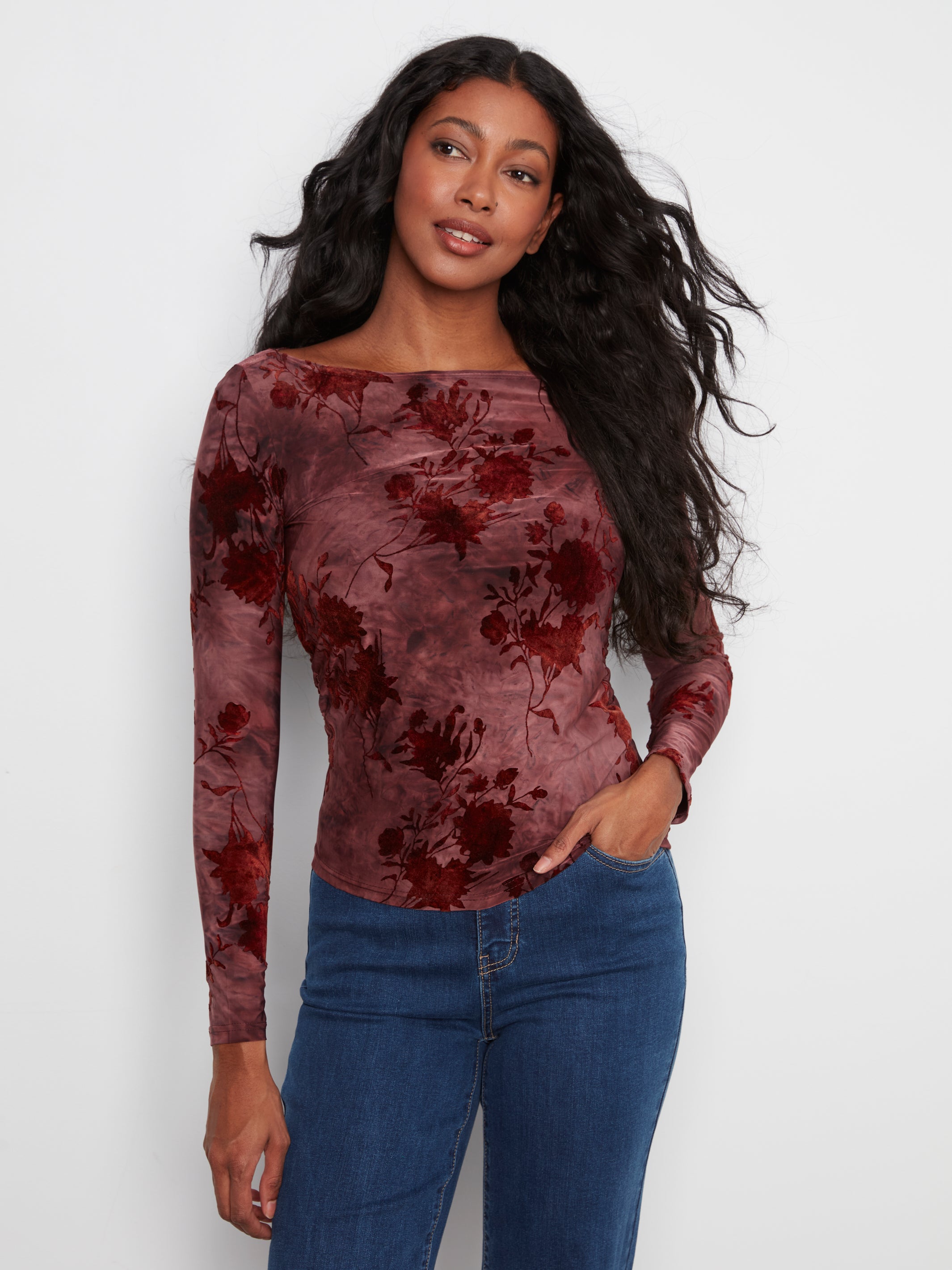 Long Sleeve Boat Neck Top with Side Ruching