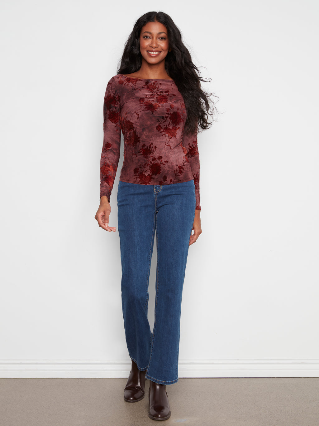 Long Sleeve Boat Neck Top with Side Ruching