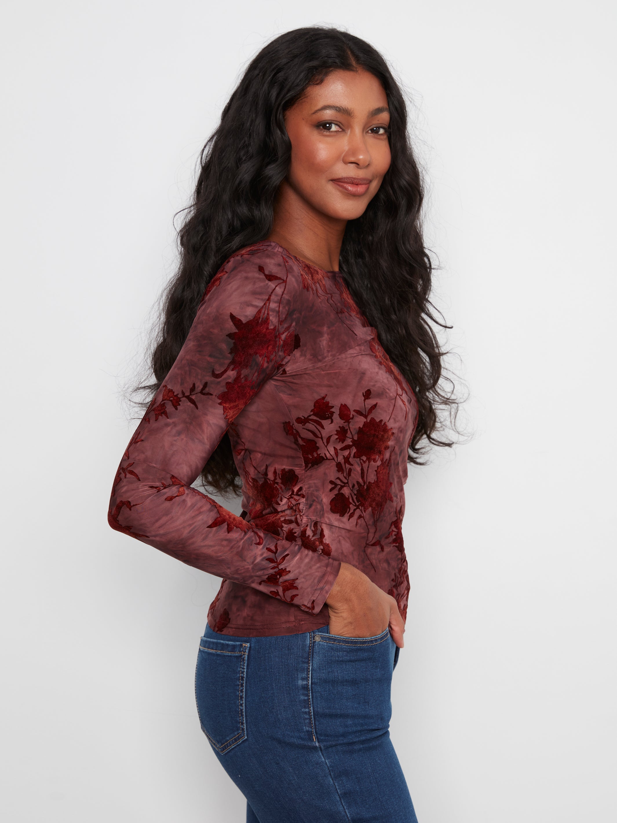 Long Sleeve Boat Neck Top with Side Ruching