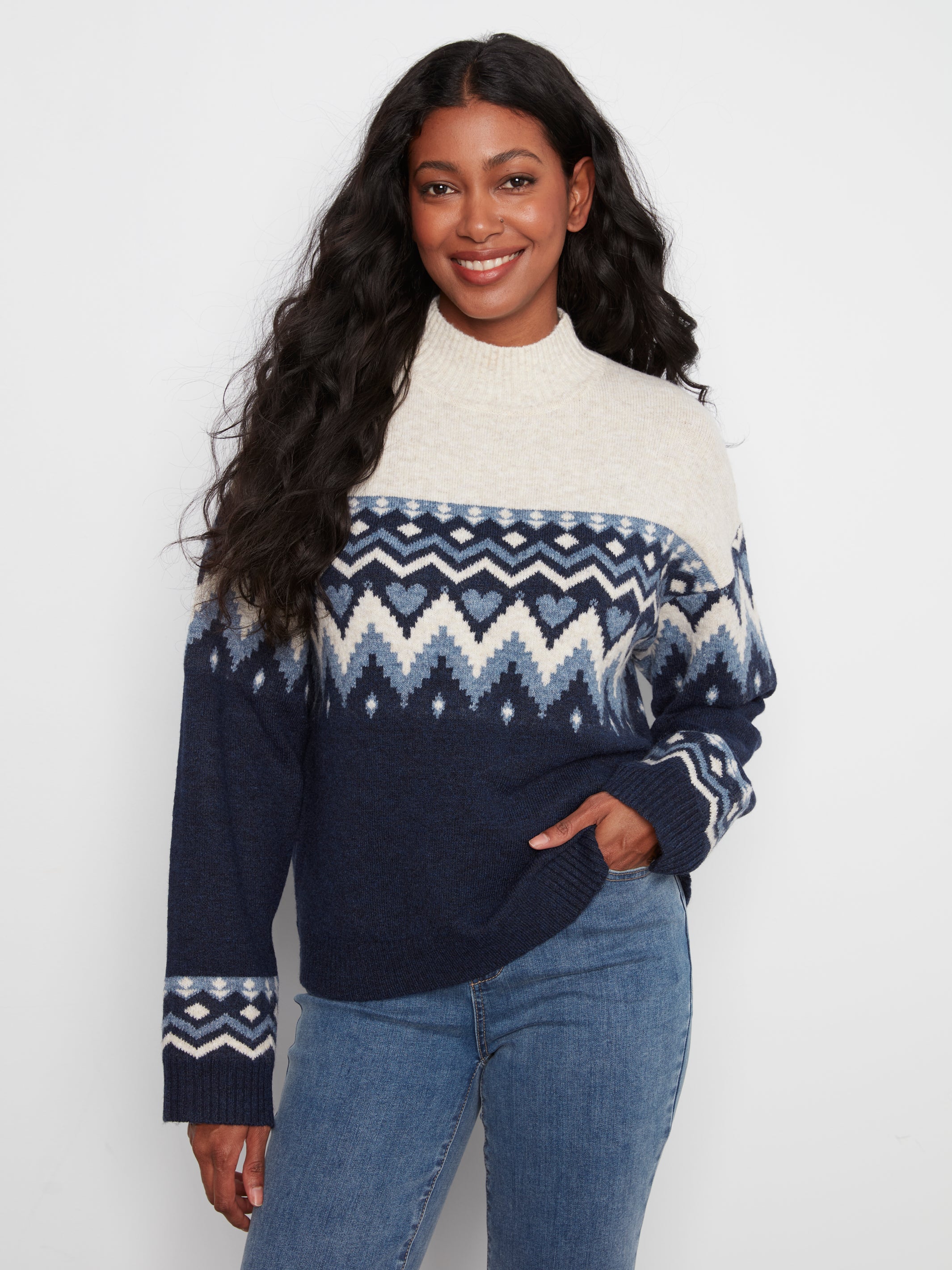 Fair Isle Hearts Mock Neck Sweater