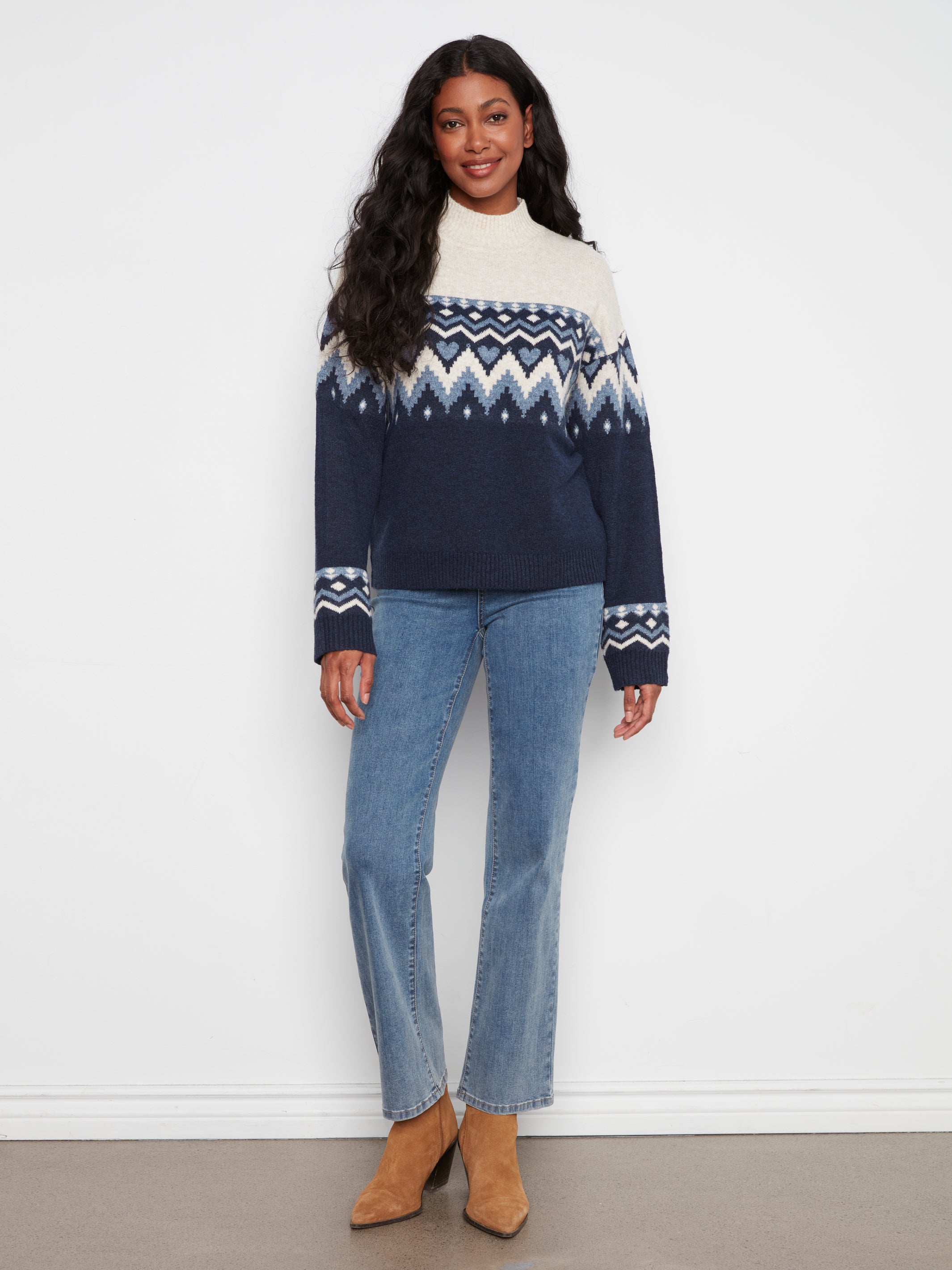 Fair Isle Hearts Mock Neck Sweater