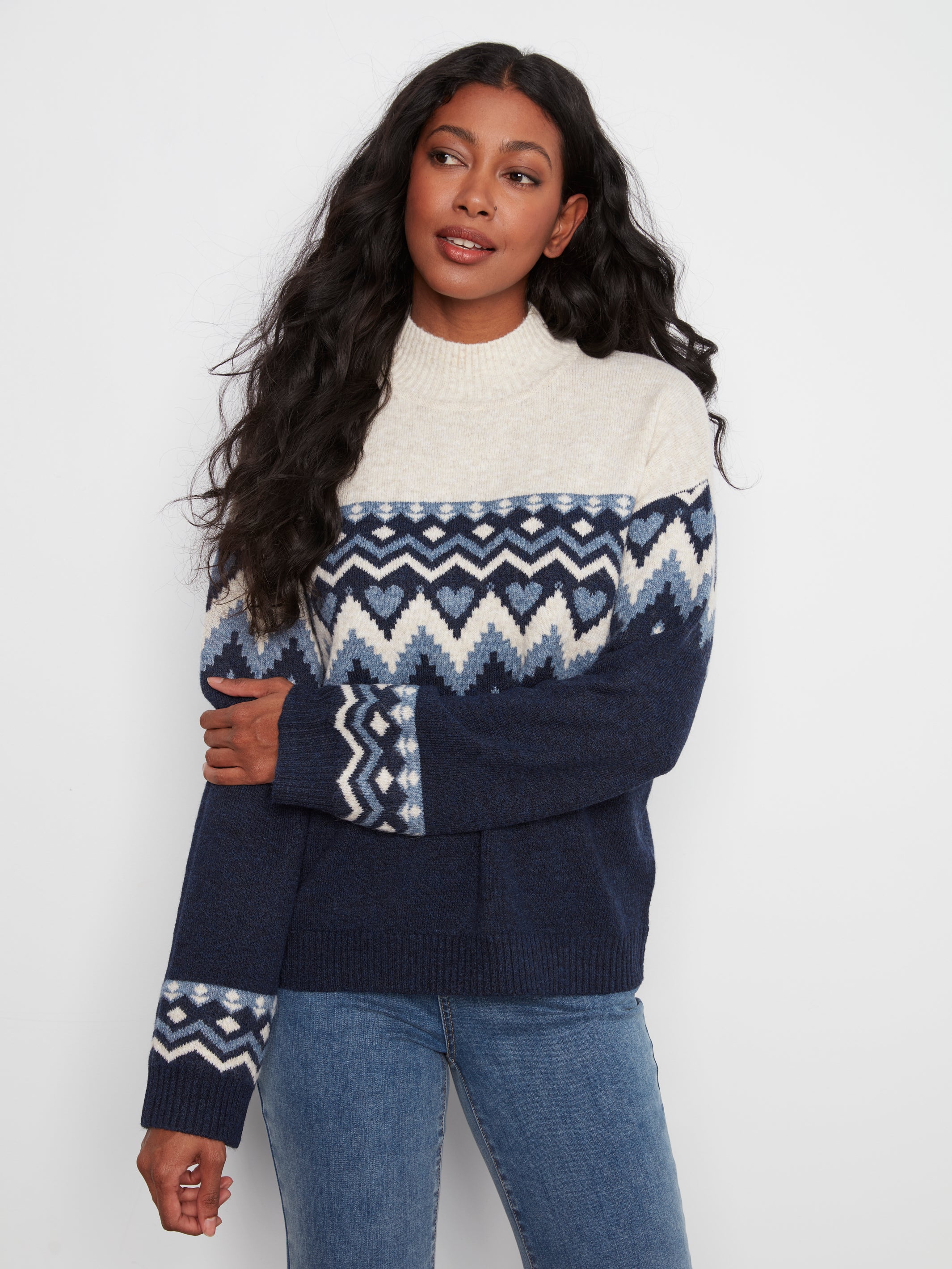 Fair Isle Hearts Mock Neck Sweater