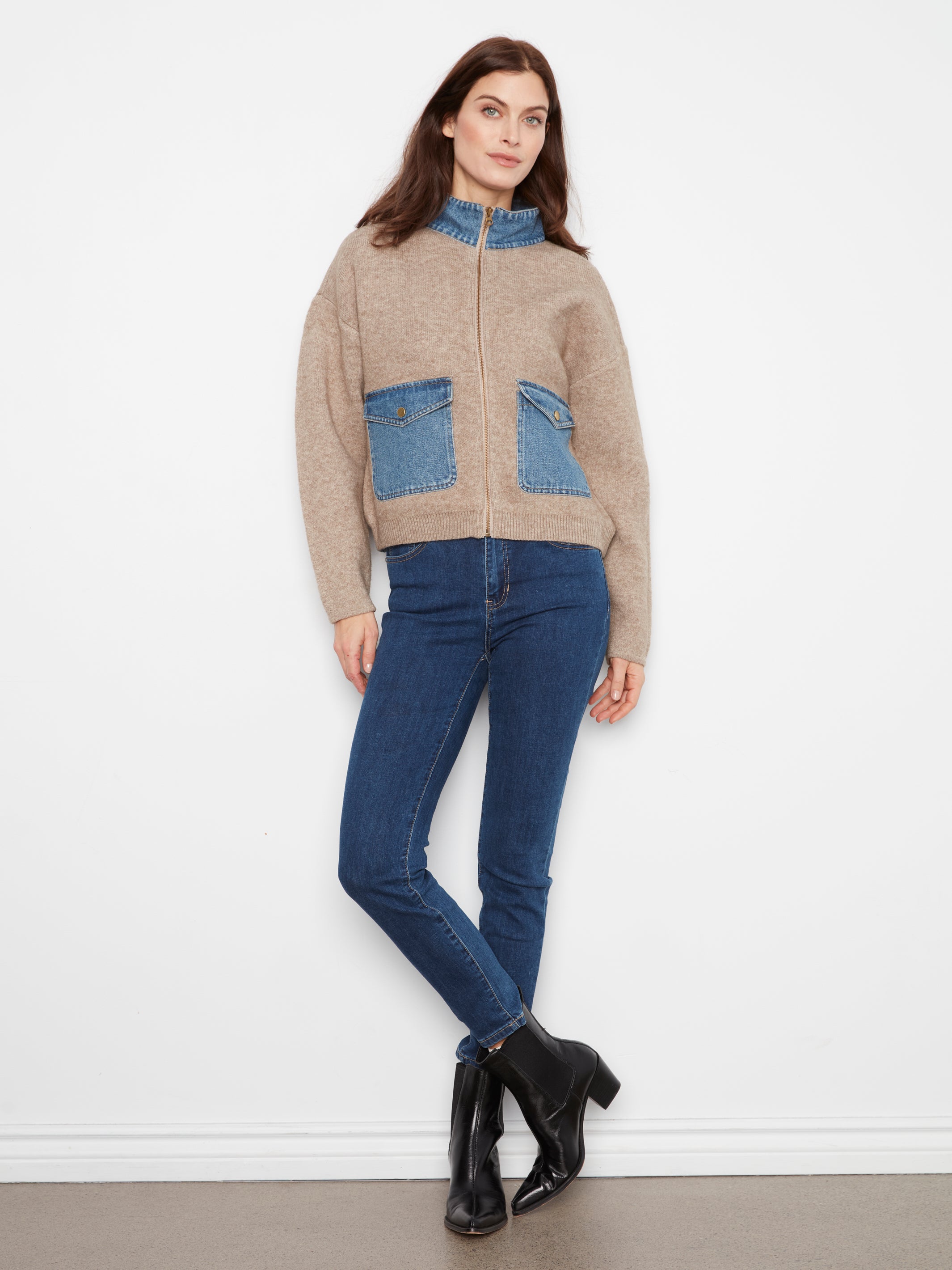 Zipped Sweater Jacket with Denim Pockets & Collar