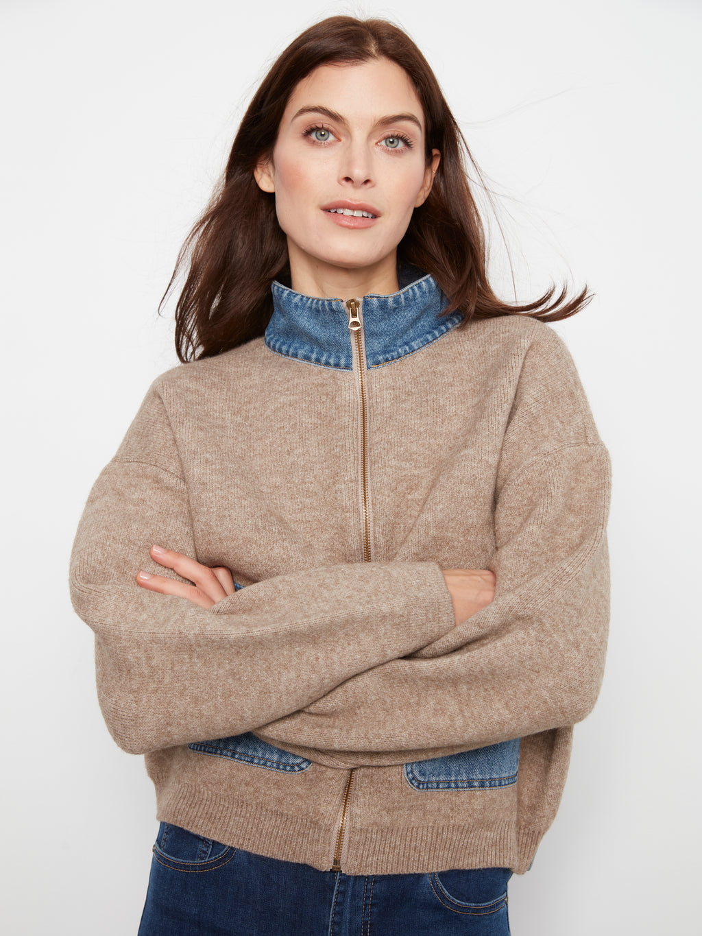 Zipped Sweater Jacket with Denim Pockets & Collar