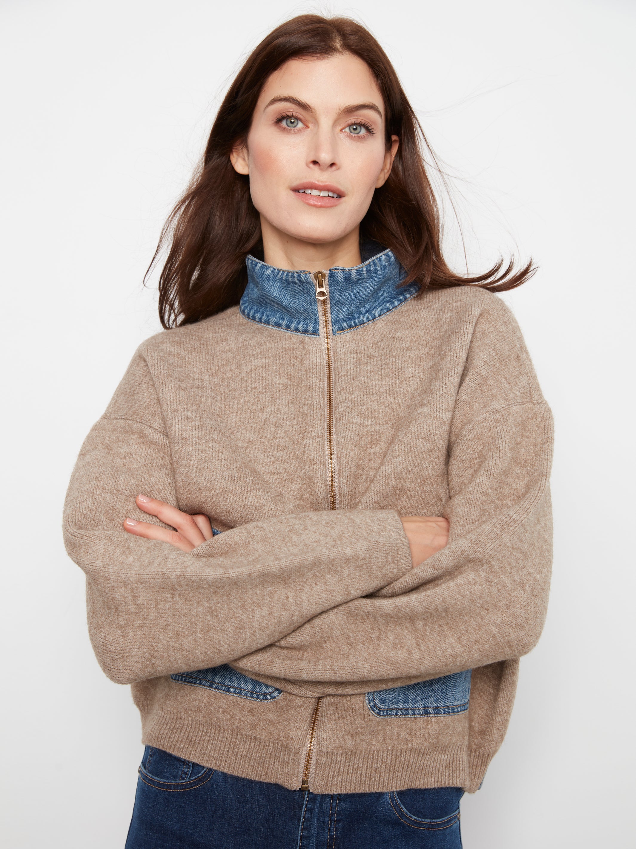 Zipped Sweater Jacket with Denim Pockets & Collar
