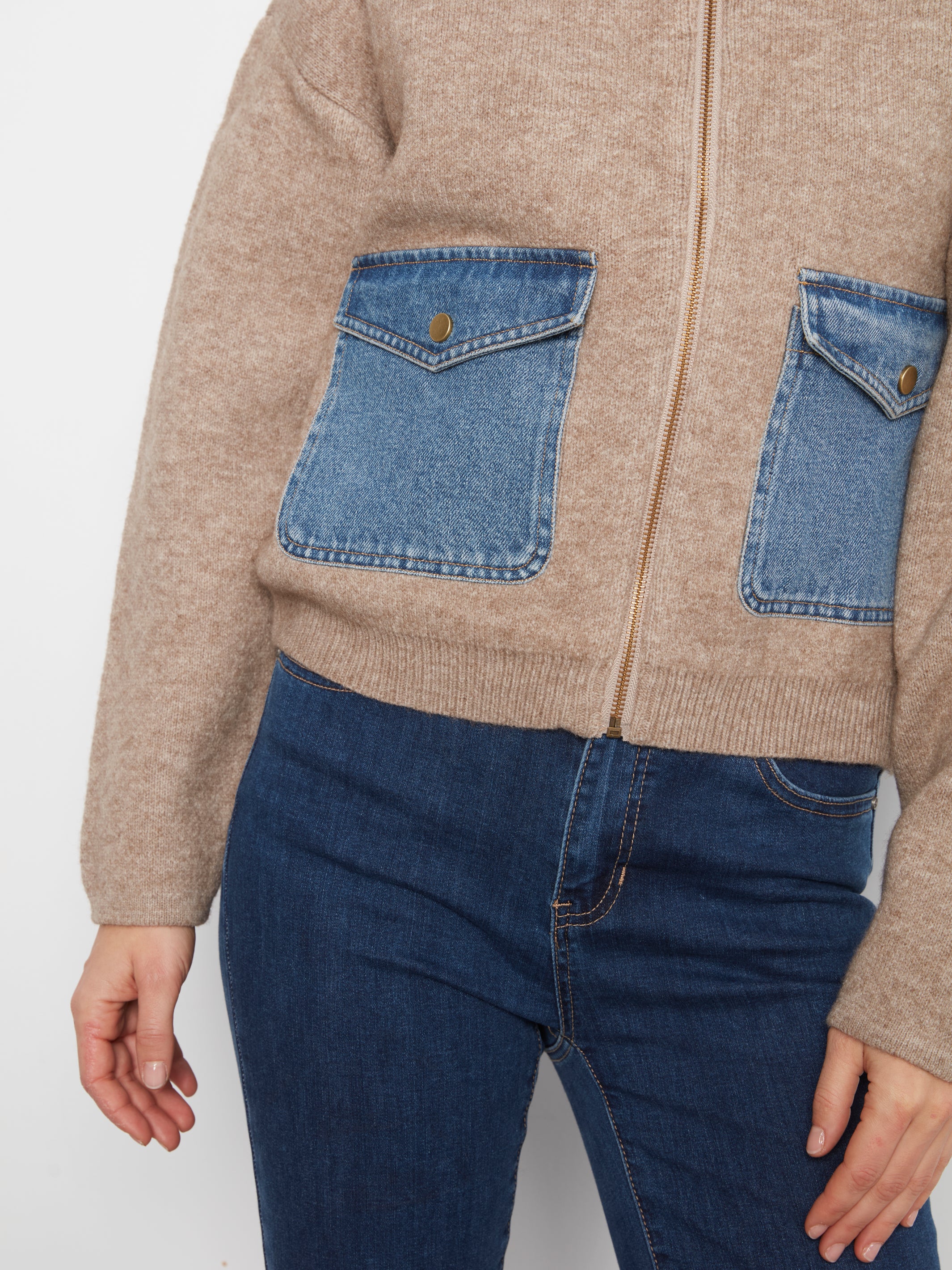 Zipped Sweater Jacket with Denim Pockets & Collar