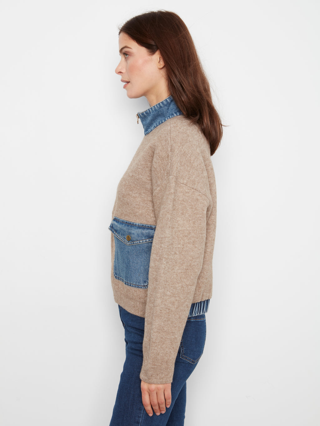 Zipped Sweater Jacket with Denim Pockets & Collar