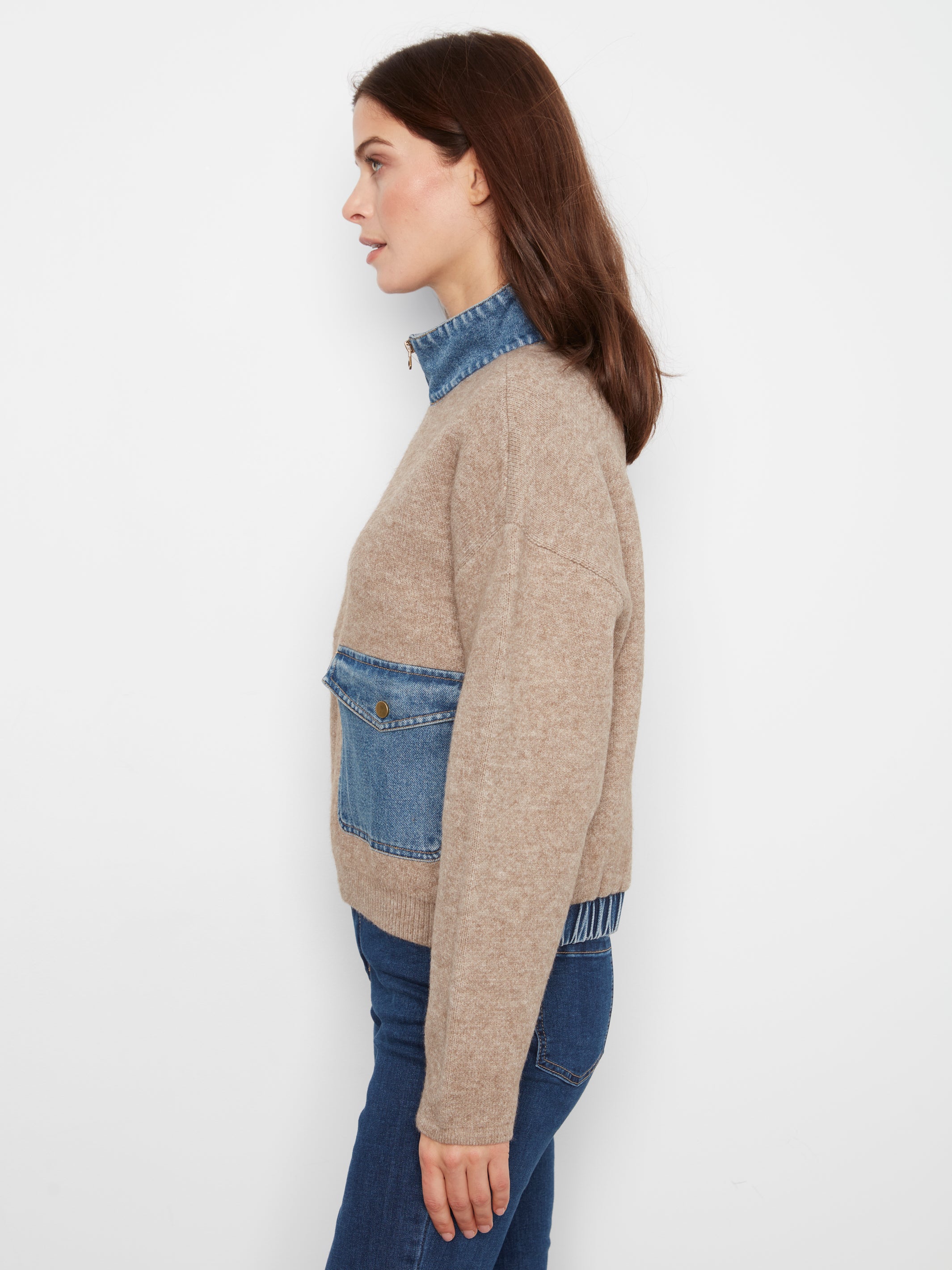 Zipped Sweater Jacket with Denim Pockets & Collar