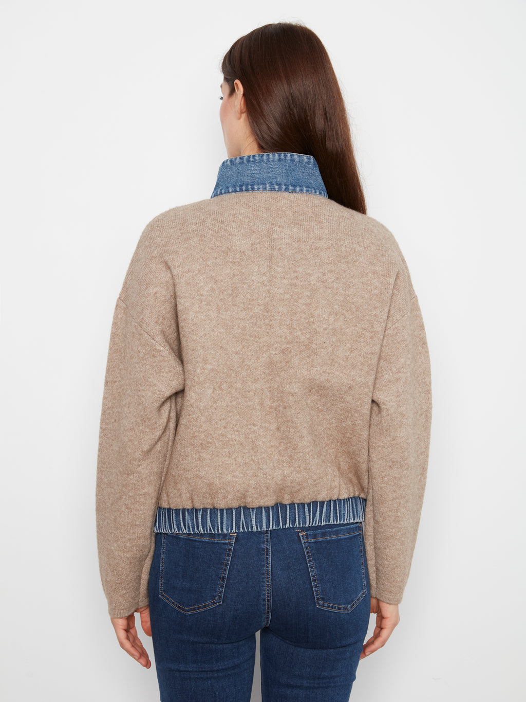 Zipped Sweater Jacket with Denim Pockets & Collar