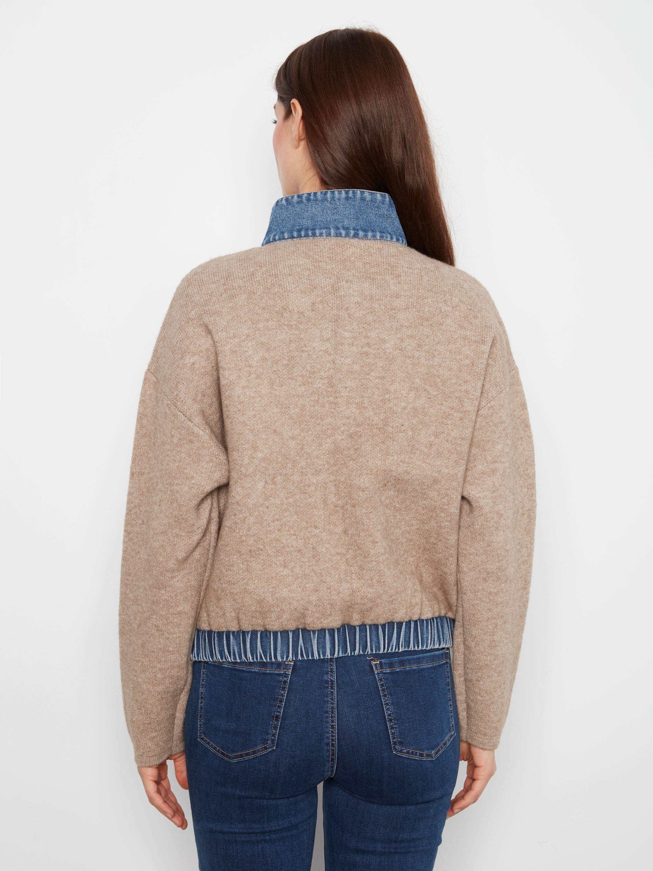 Zipped Sweater Jacket with Denim Pockets & Collar