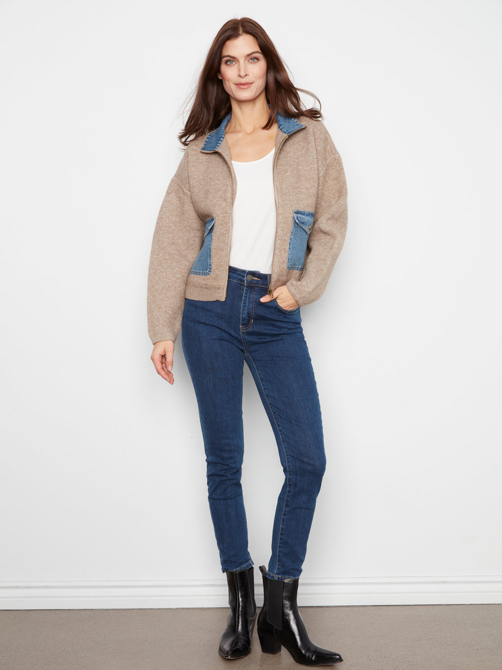 Zipped Sweater Jacket with Denim Pockets & Collar