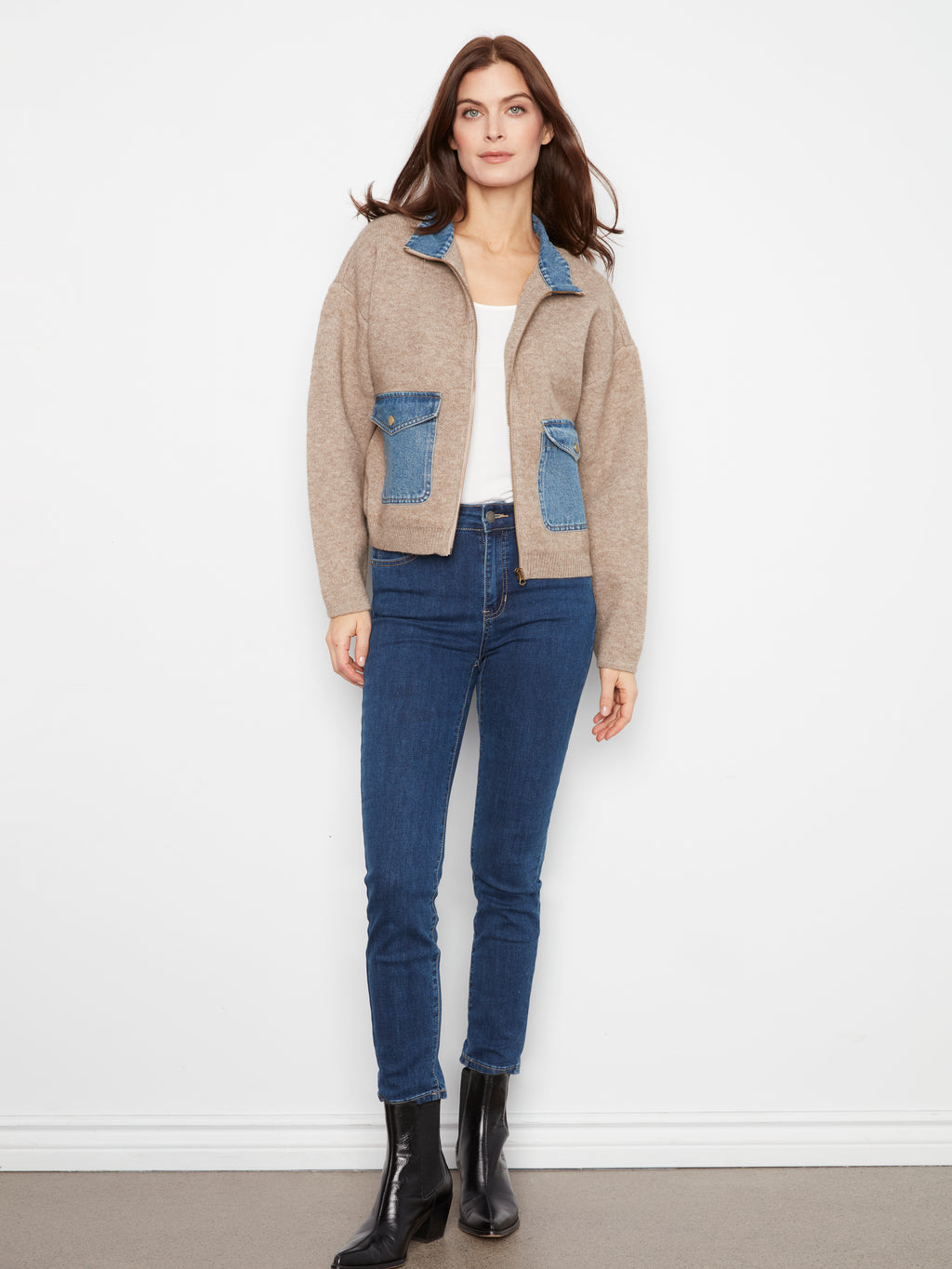Zipped Sweater Jacket with Denim Pockets & Collar