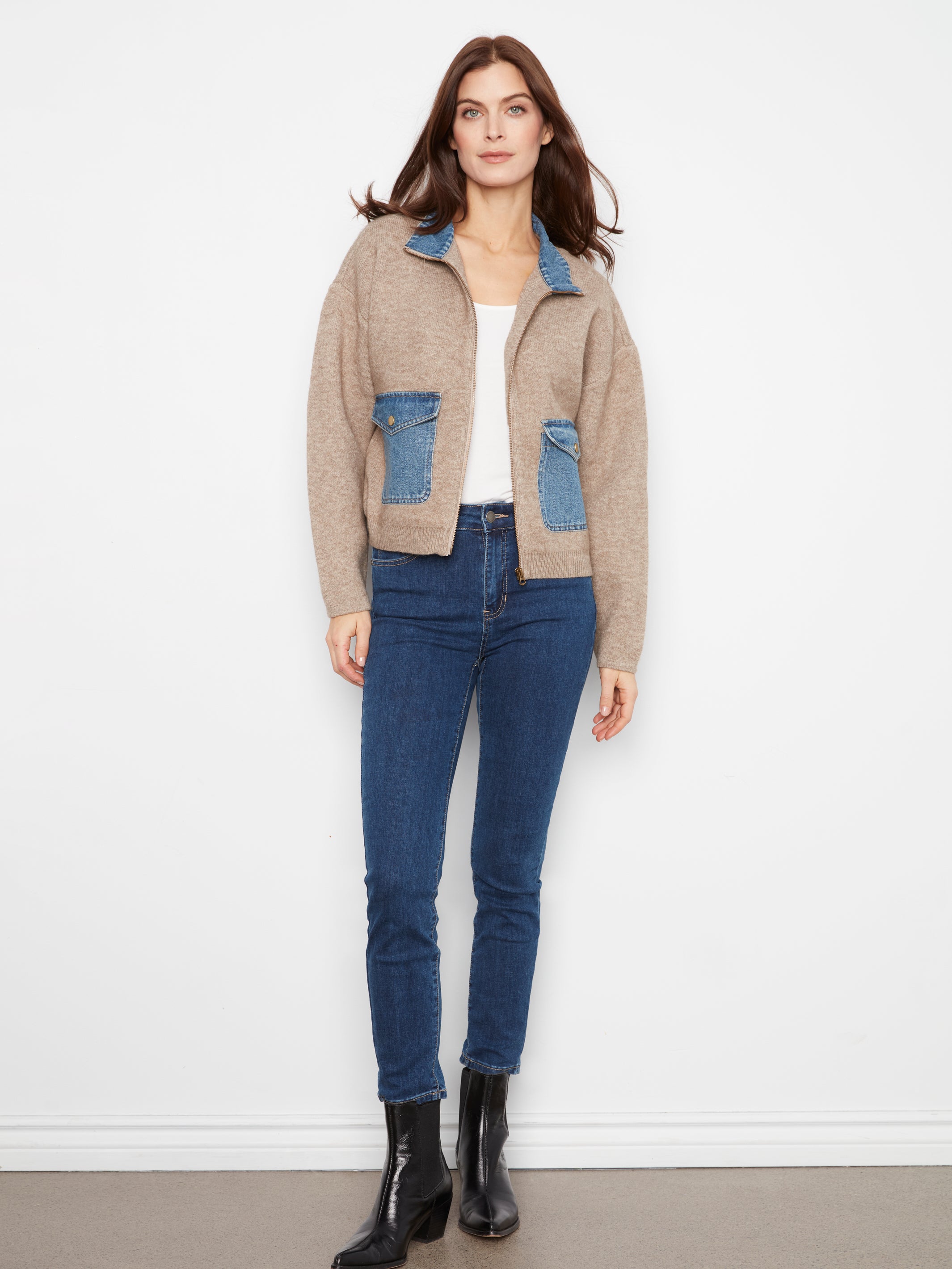 Zipped Sweater Jacket with Denim Pockets & Collar