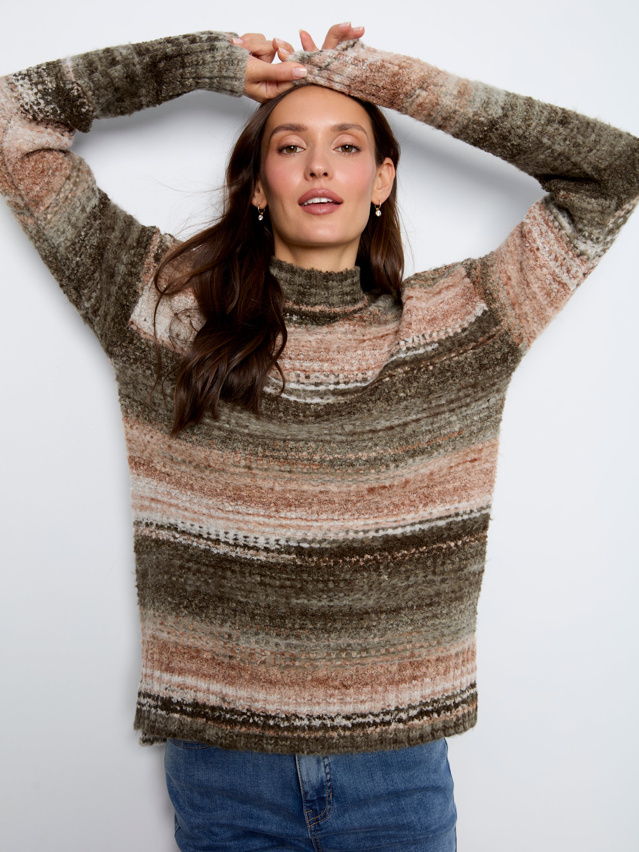 Striped High-Low Mock Neck Sweater