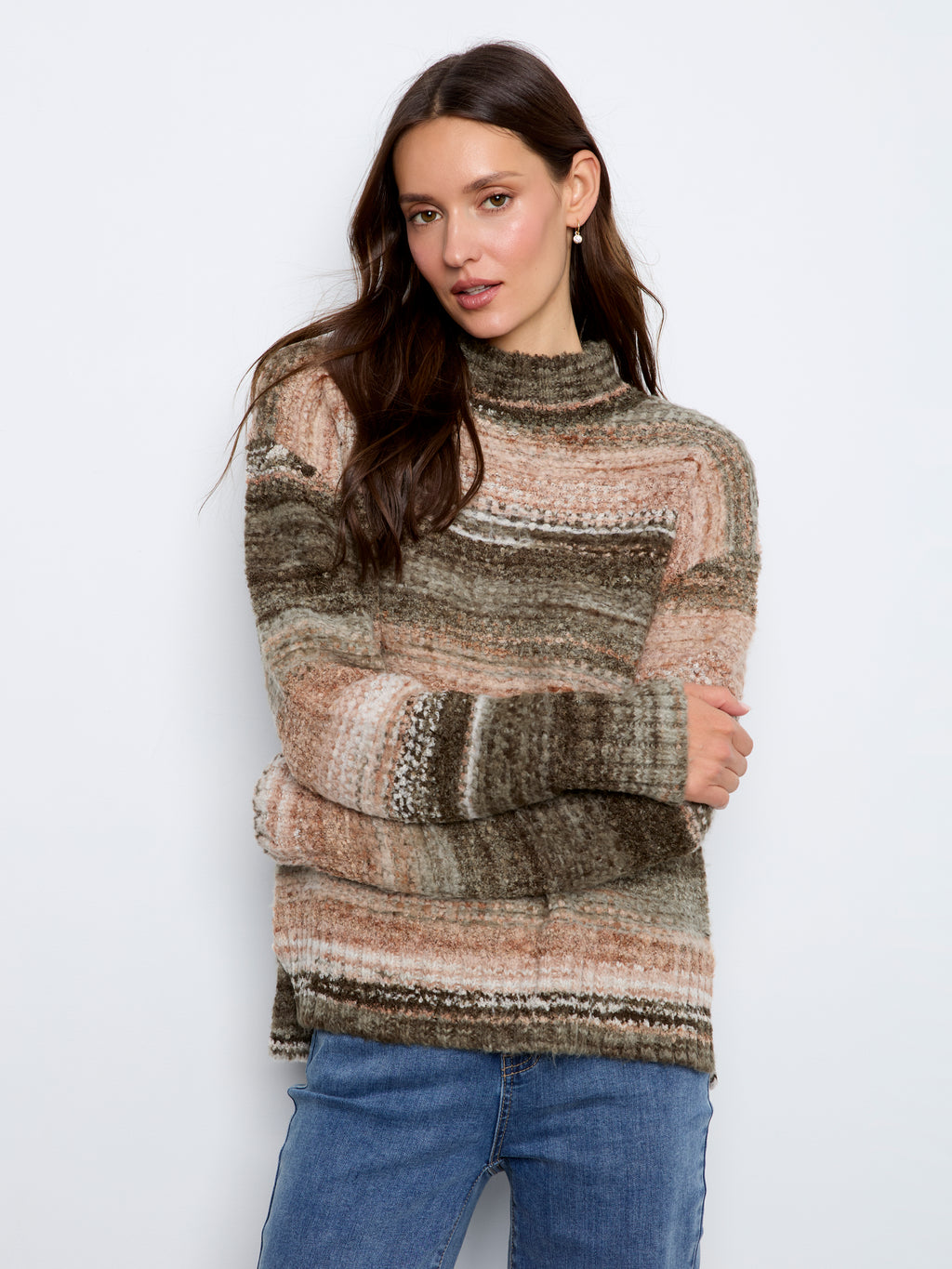 Striped High-Low Mock Neck Sweater