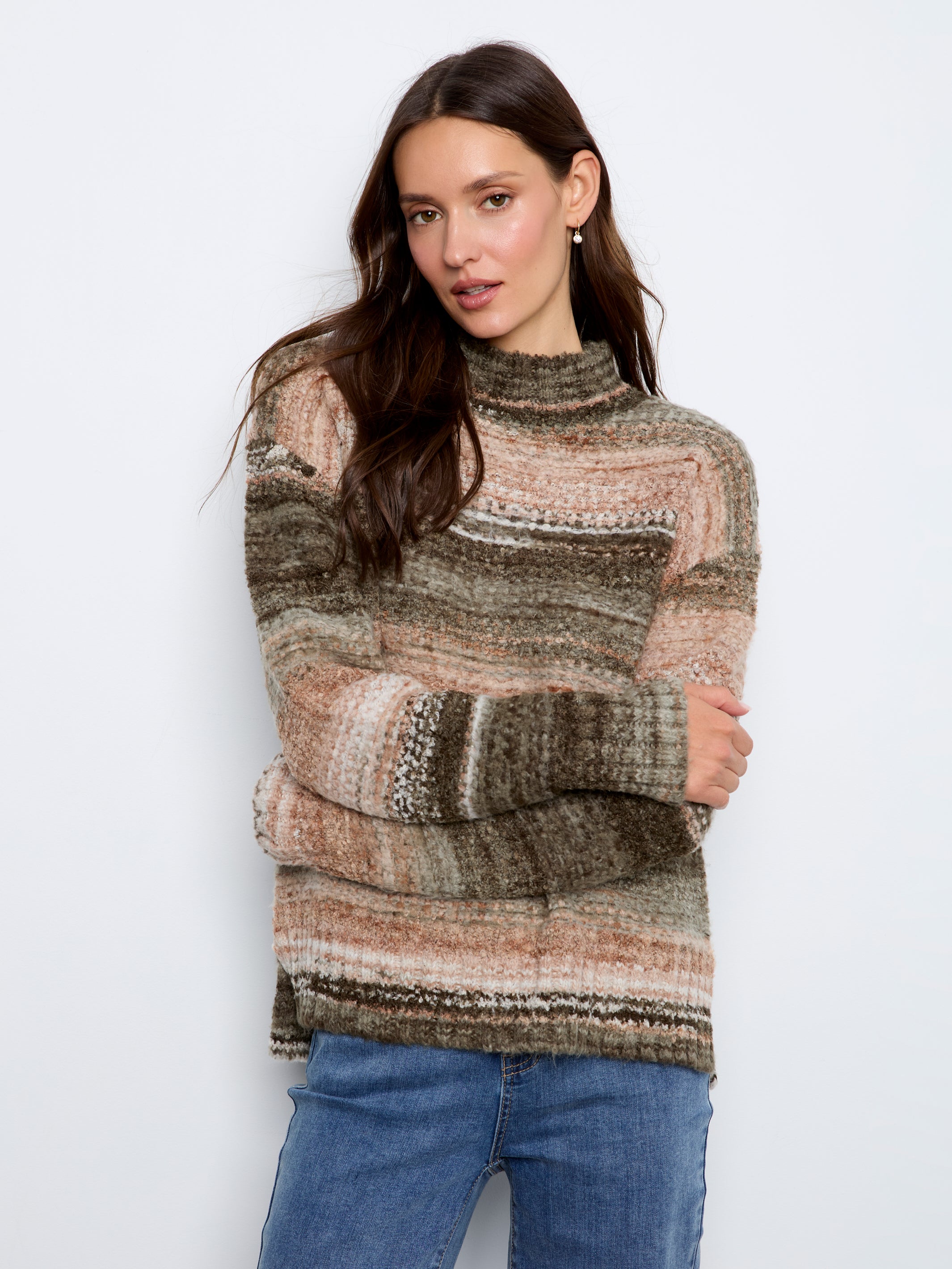 Striped High-Low Mock Neck Sweater