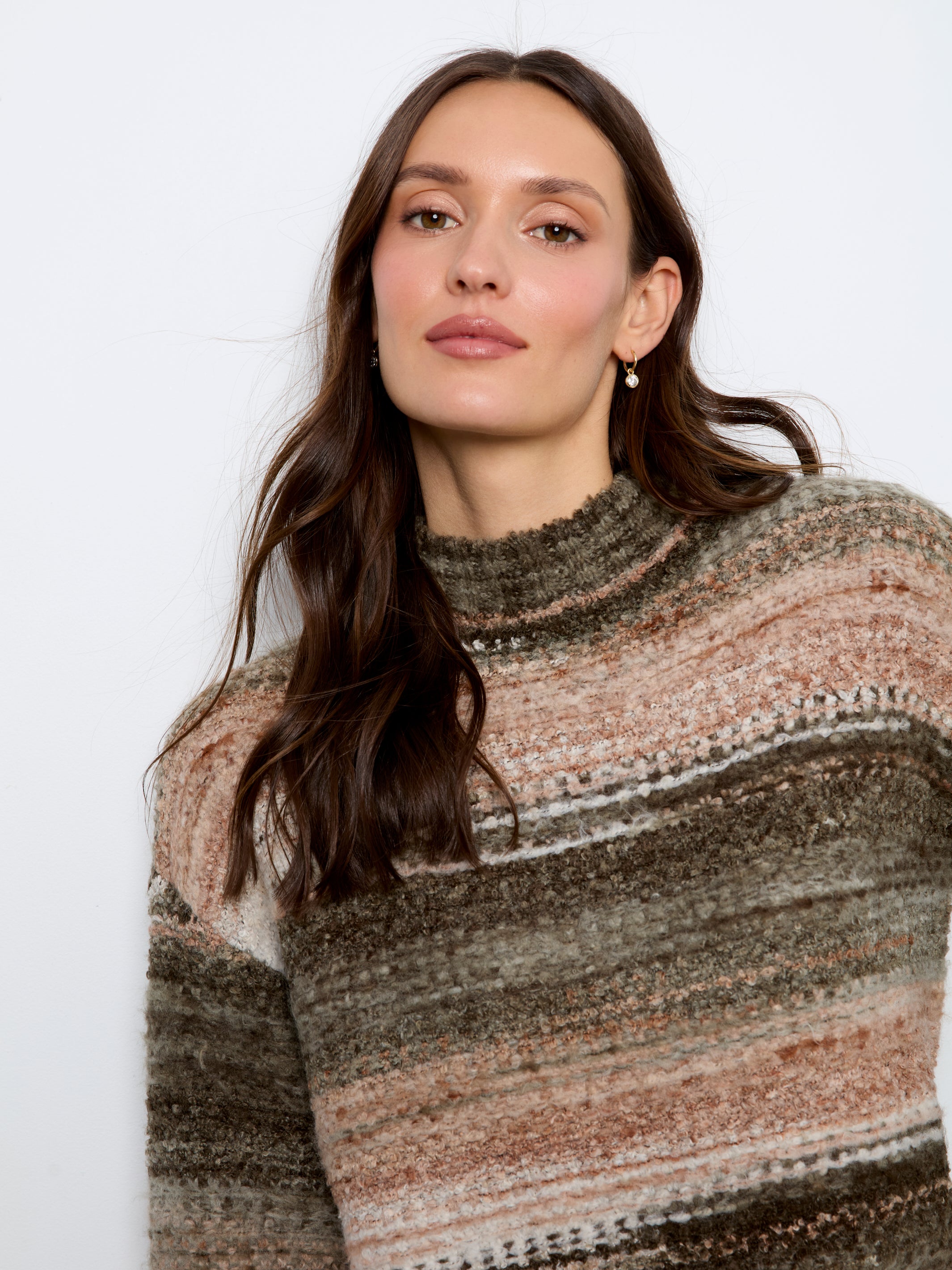 Striped High-Low Mock Neck Sweater