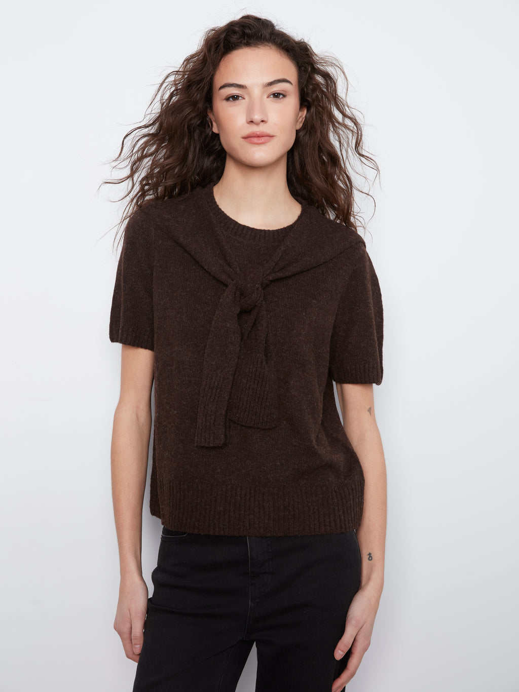 Short Sleeve Crew Neck Sweater with Scarf Detail