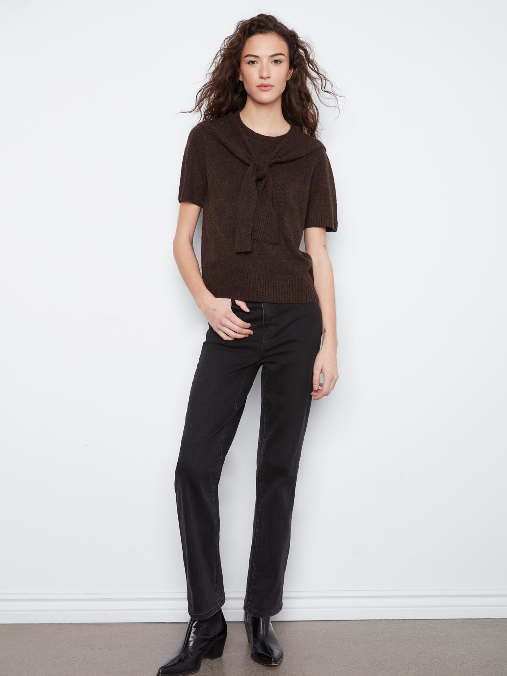 Short Sleeve Crew Neck Sweater with Scarf Detail