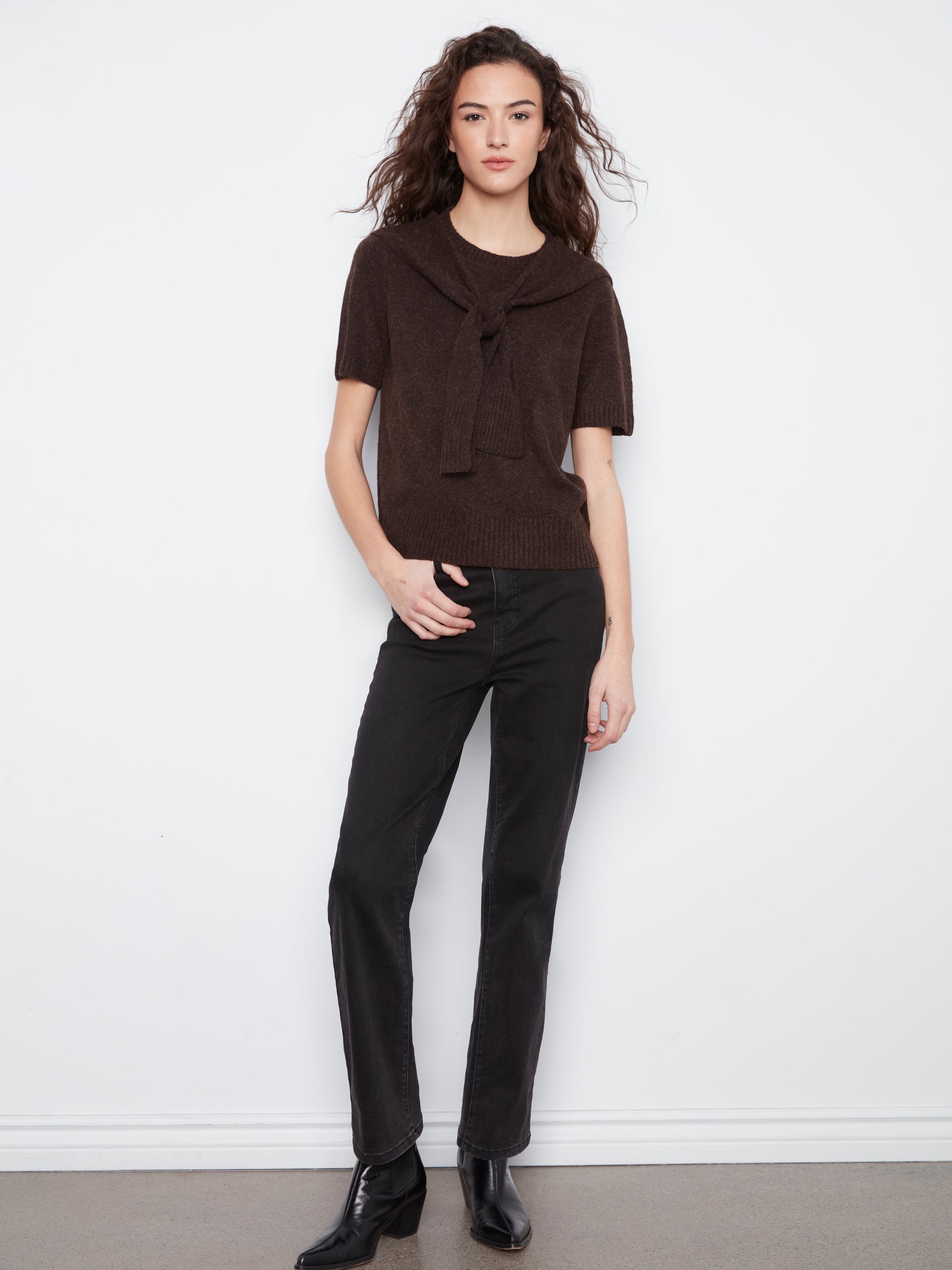 Short Sleeve Crew Neck Sweater with Scarf Detail