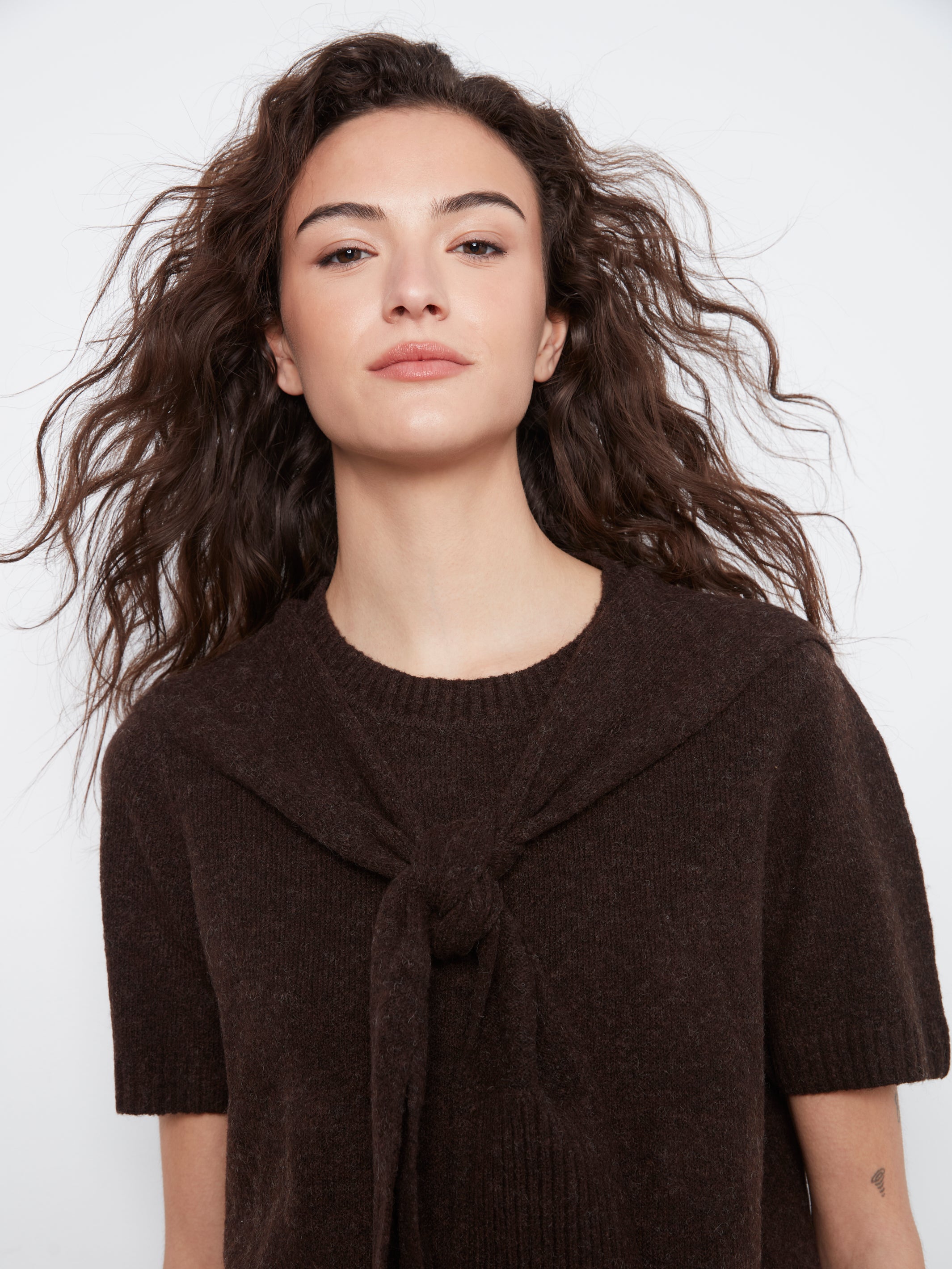 Short Sleeve Crew Neck Sweater with Scarf Detail