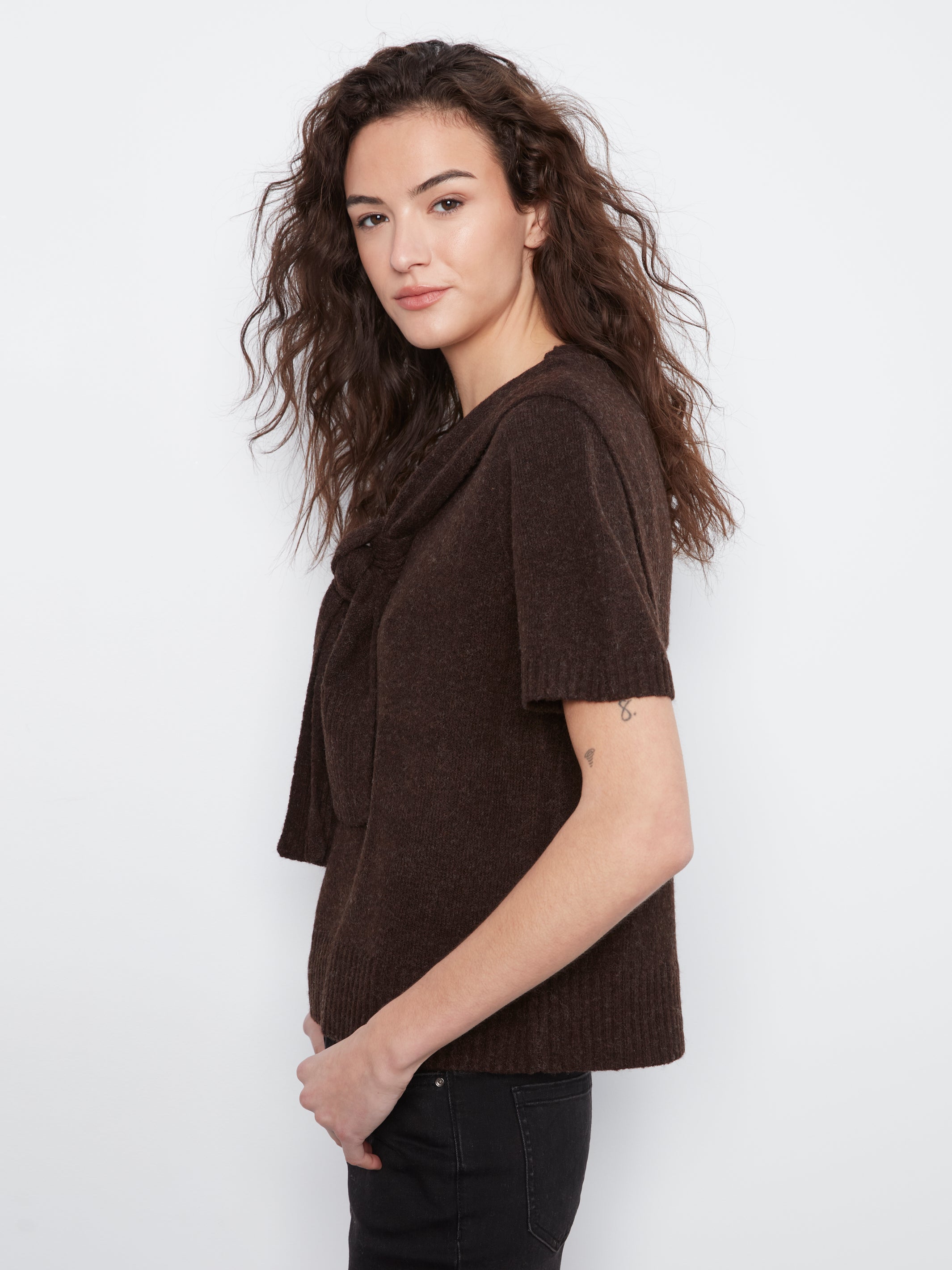 Short Sleeve Crew Neck Sweater with Scarf Detail