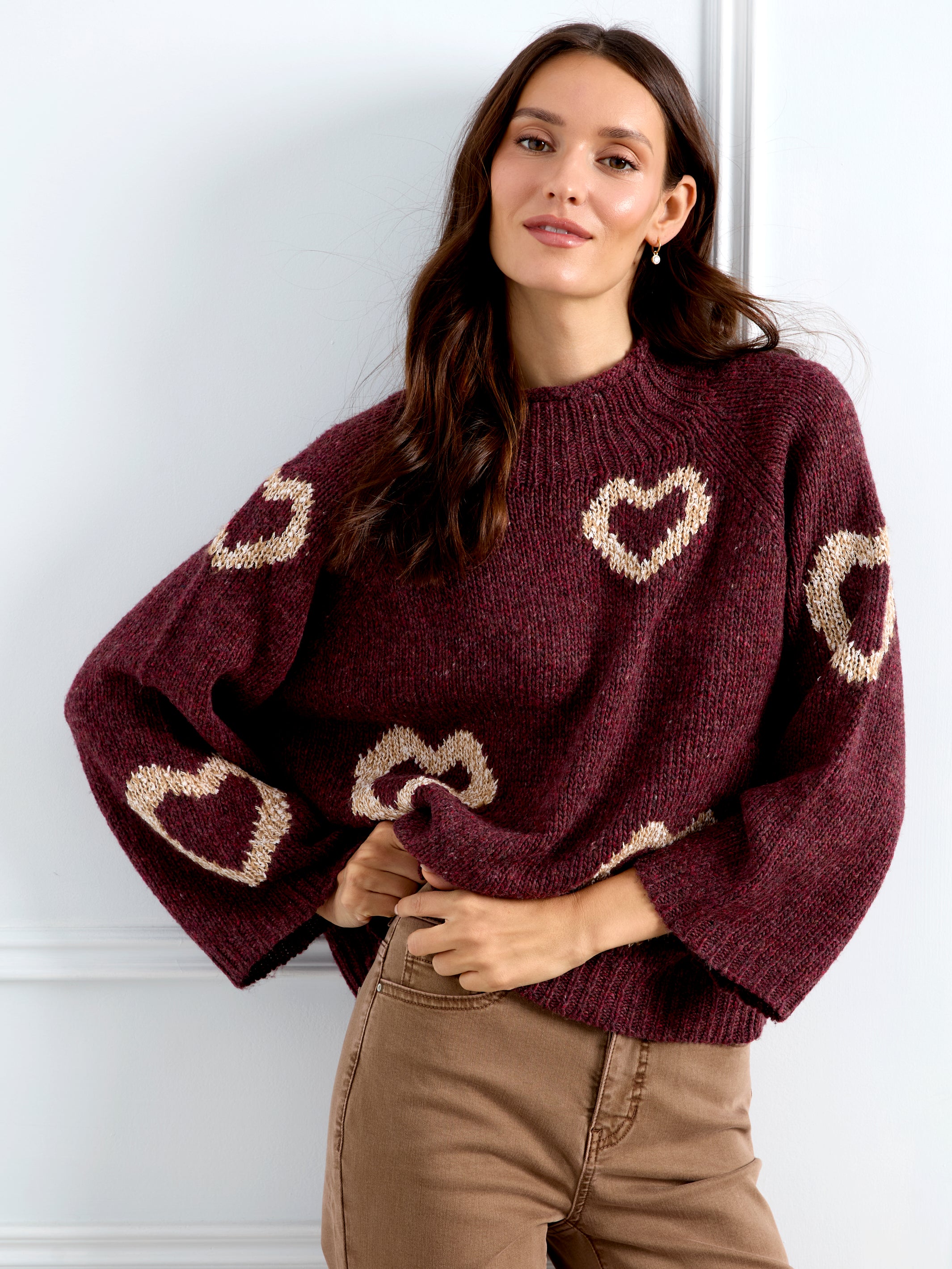 High Neck Knit Sweater with Heart Placement