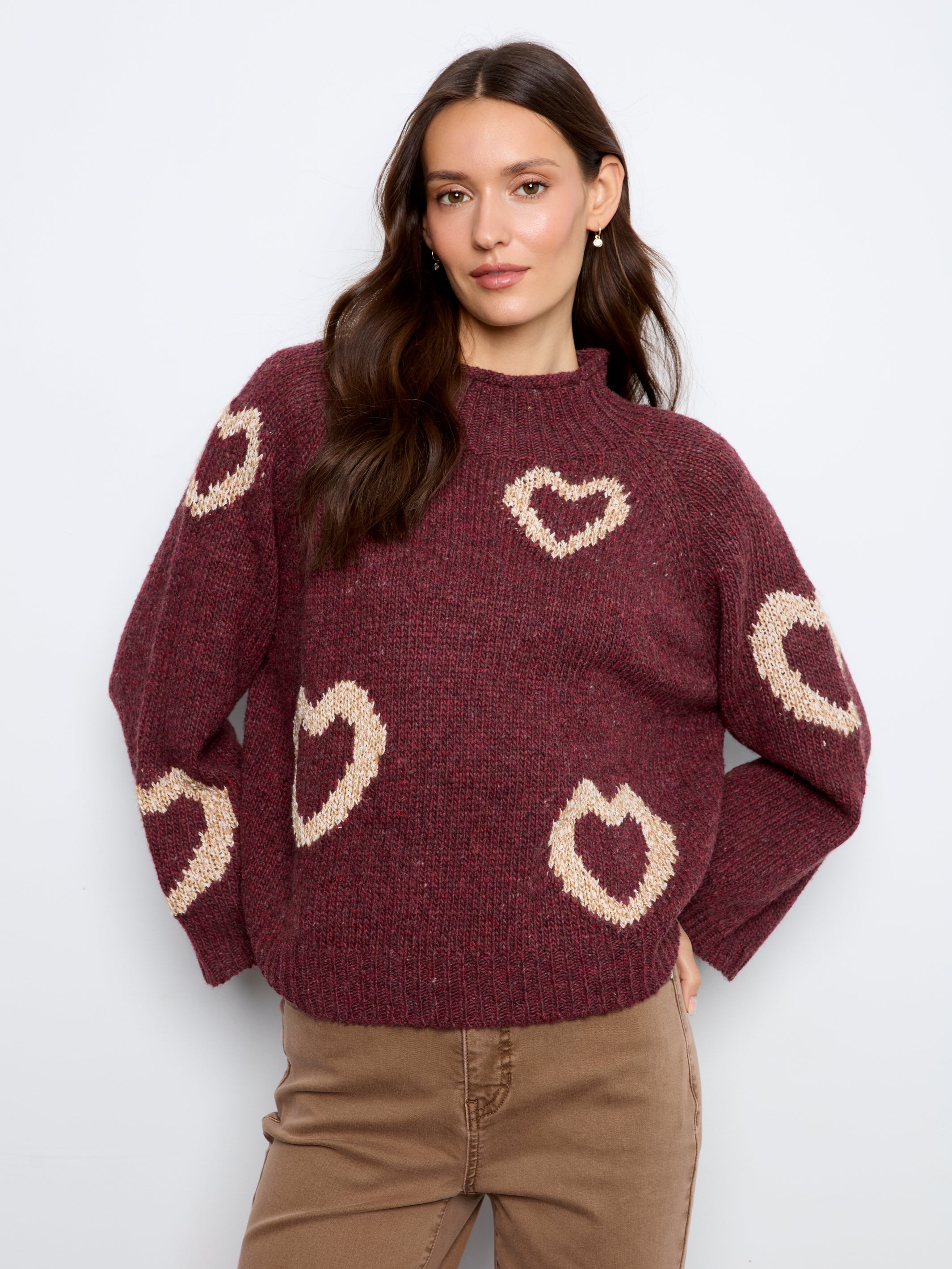High Neck Knit Sweater with Heart Placement