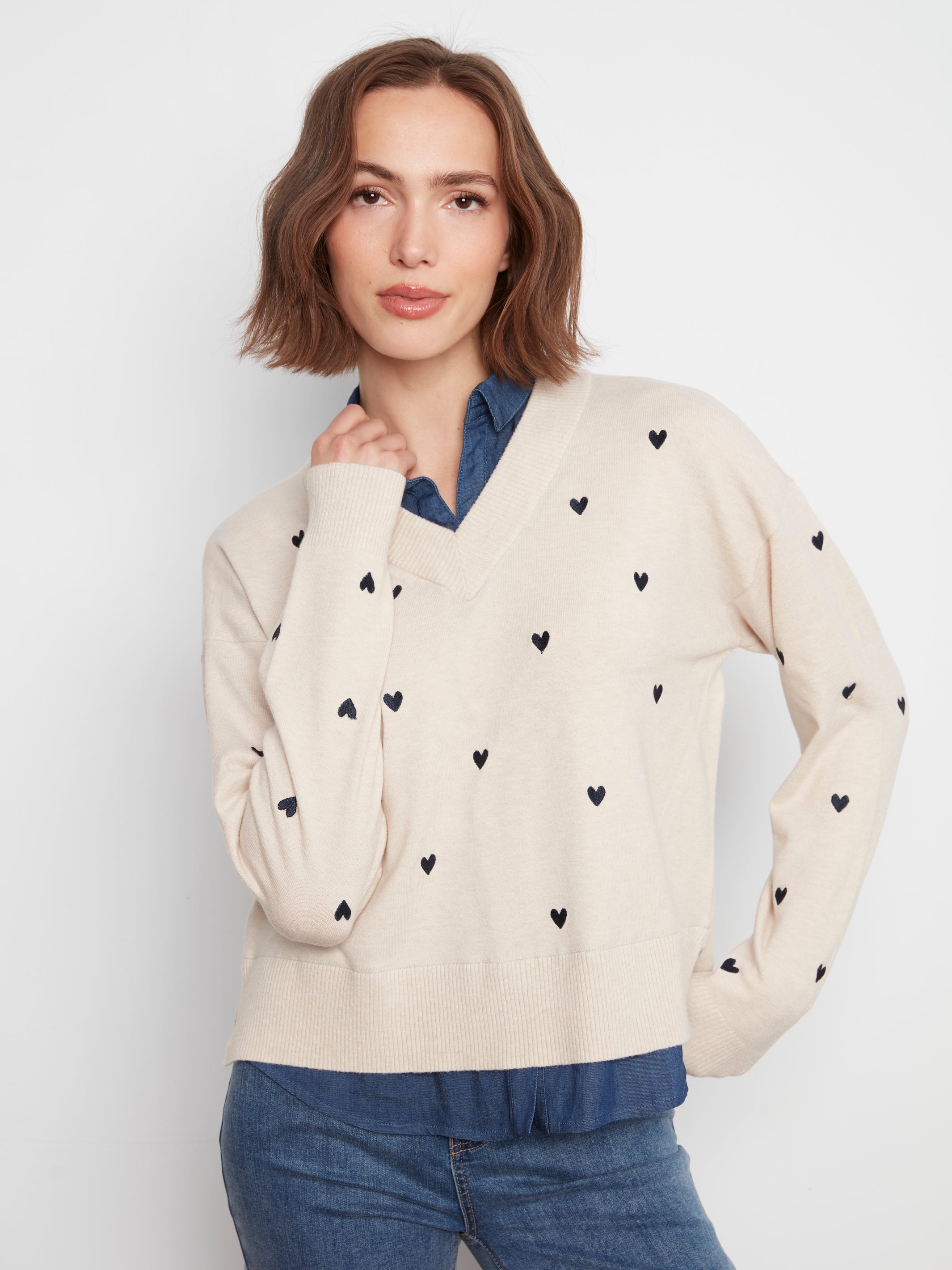 Layered Fooler Shirt Sweater with Embroidered Hearts