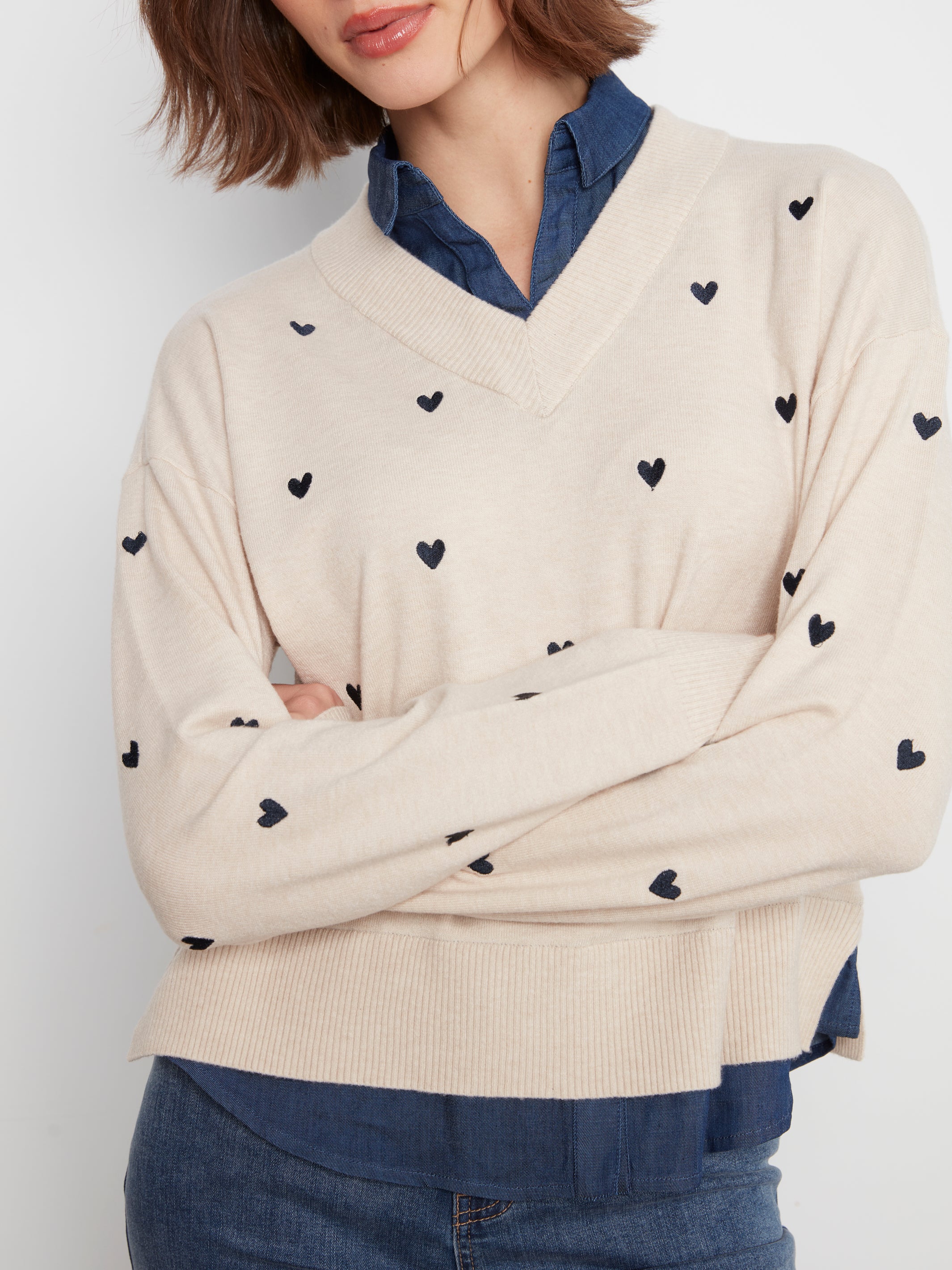 Layered Fooler Shirt Sweater with Embroidered Hearts