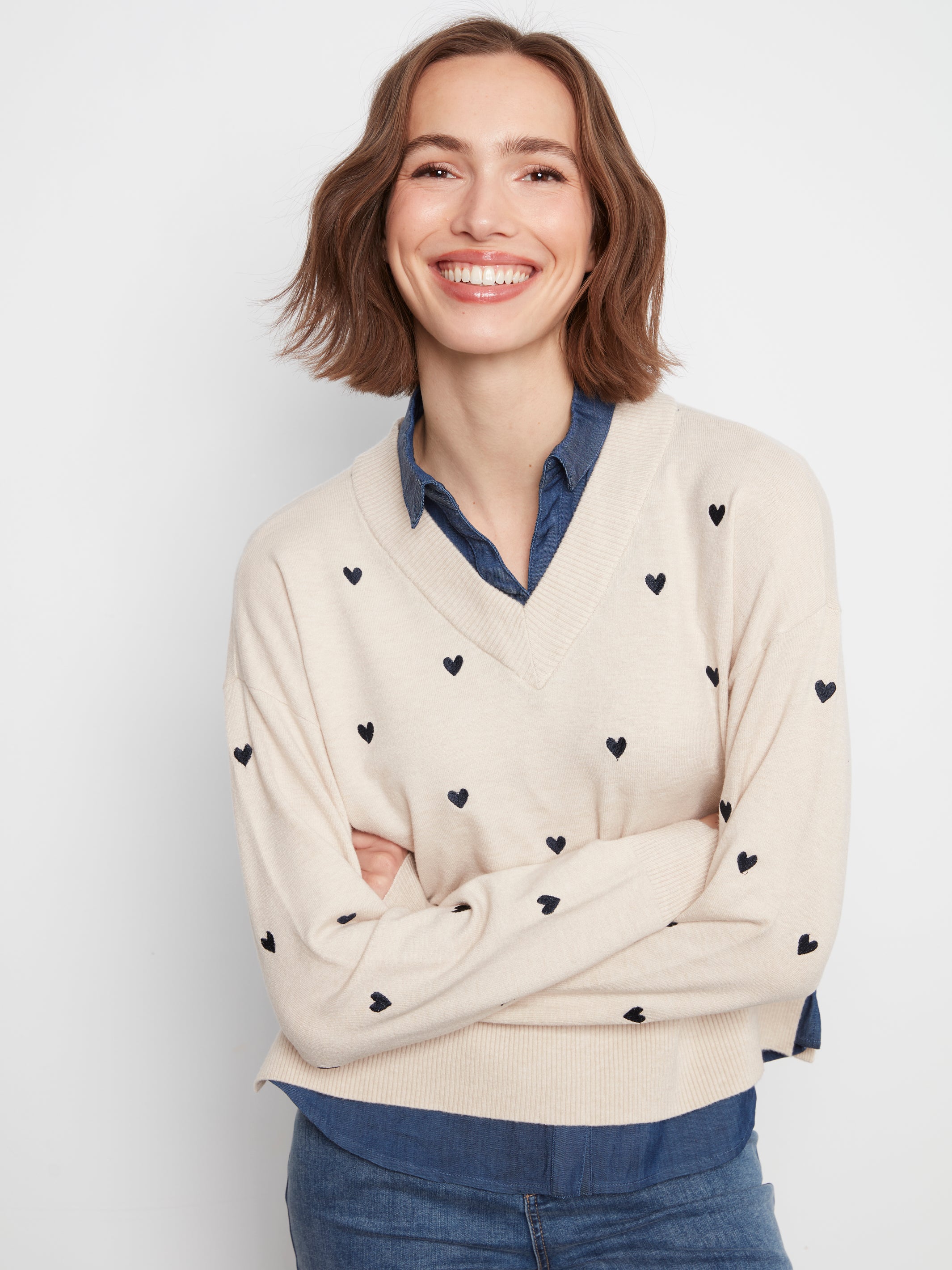 Layered Fooler Shirt Sweater with Embroidered Hearts