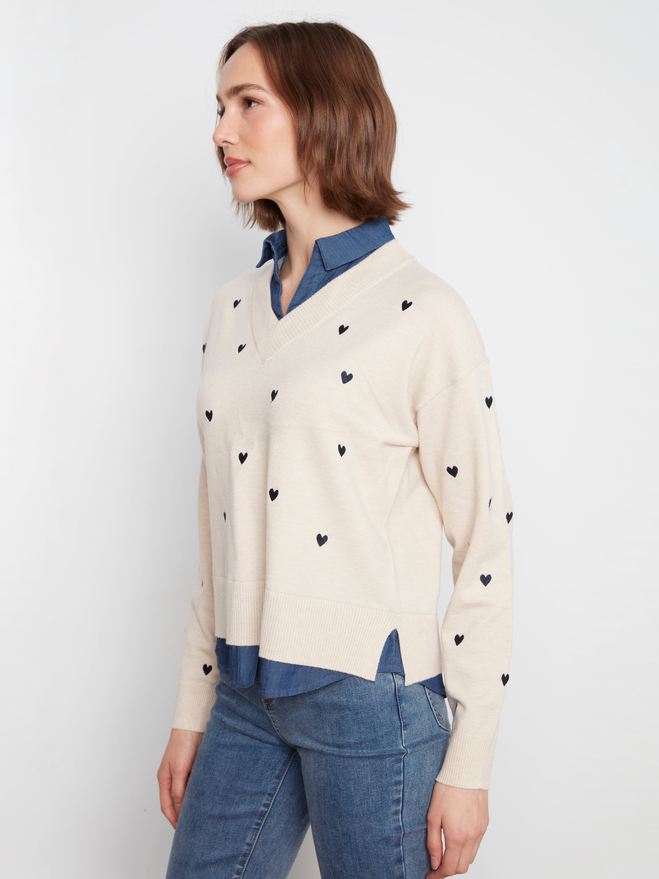 Layered Fooler Shirt Sweater with Embroidered Hearts