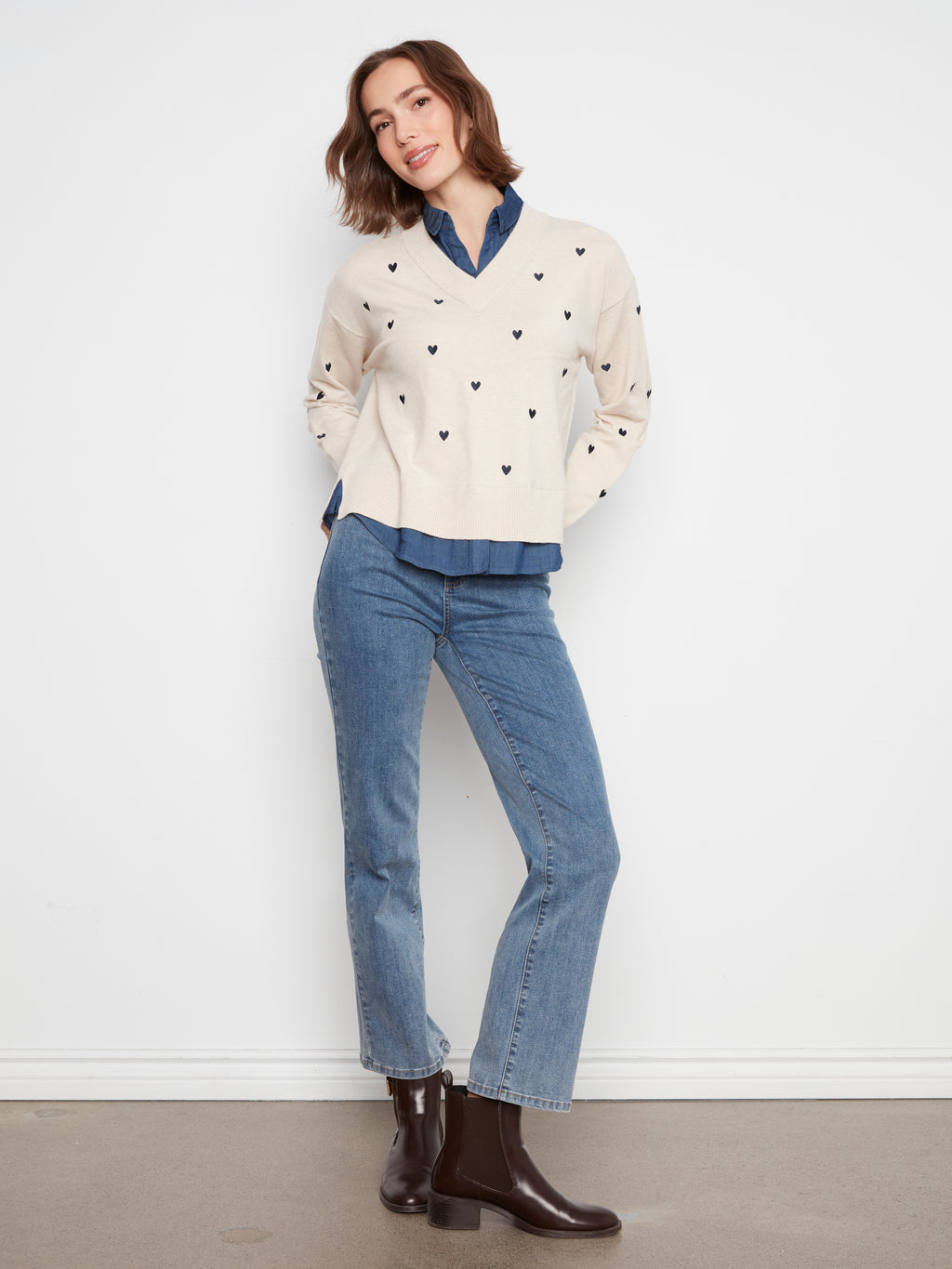 Layered Fooler Shirt Sweater with Embroidered Hearts