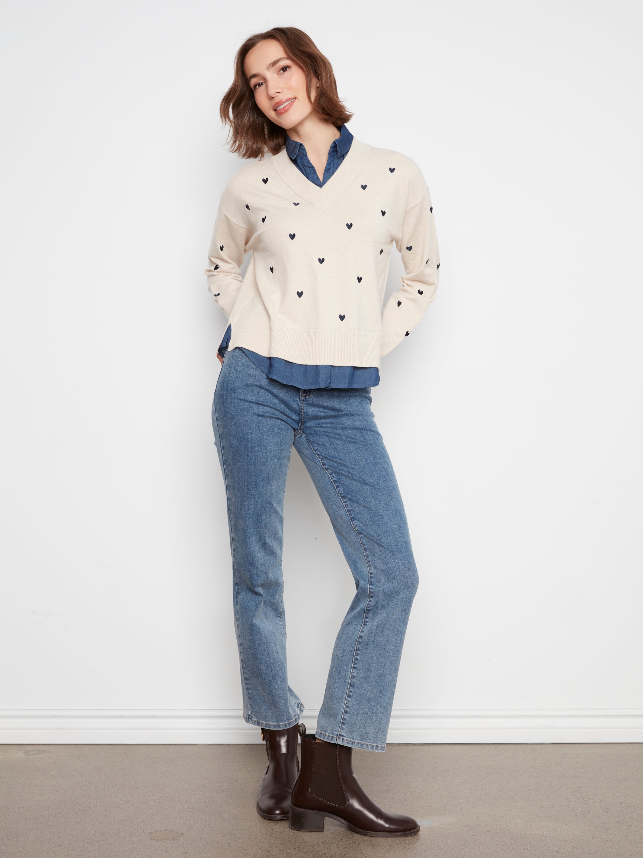 Layered Fooler Shirt Sweater with Embroidered Hearts