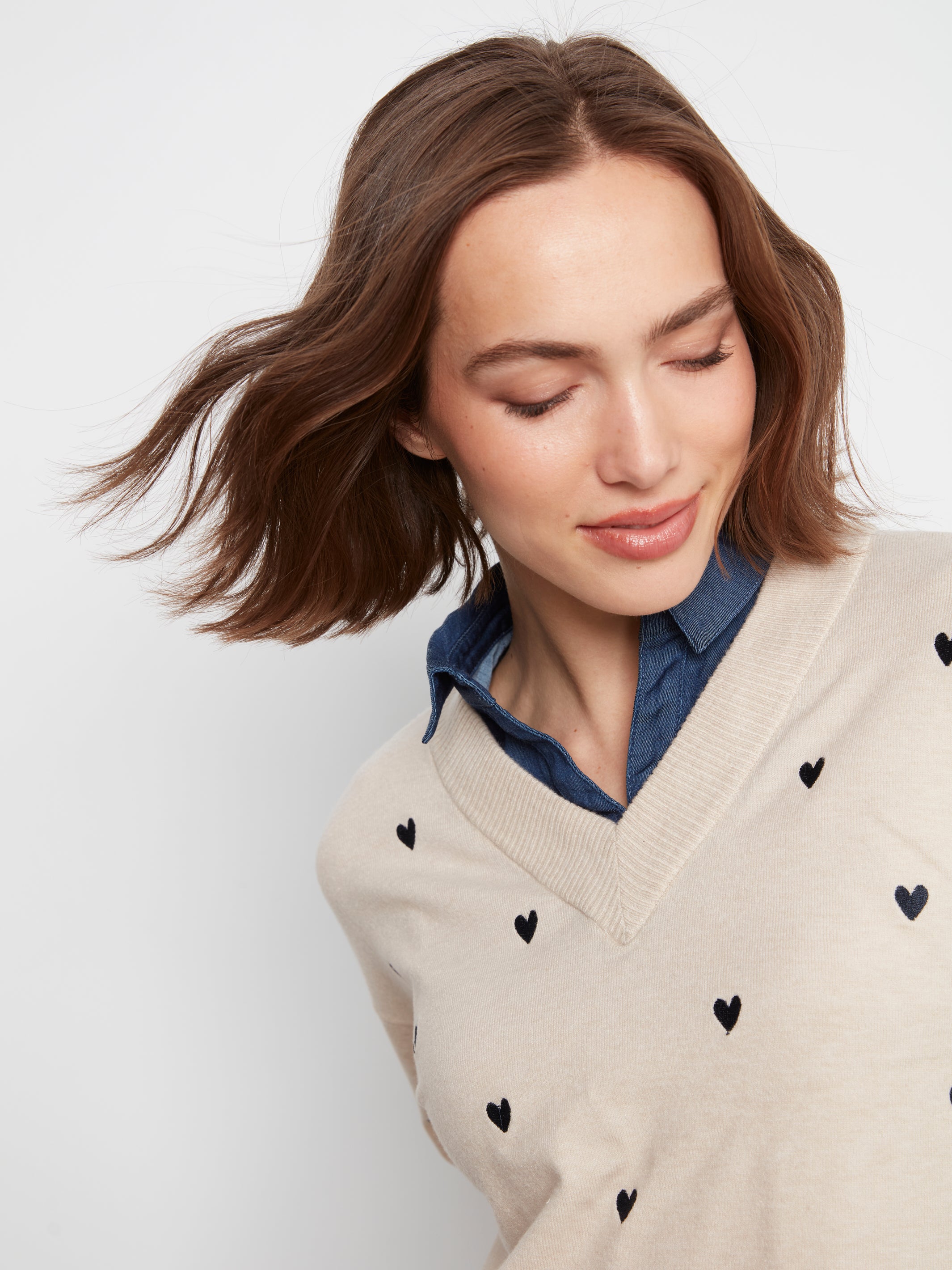 Layered Fooler Shirt Sweater with Embroidered Hearts
