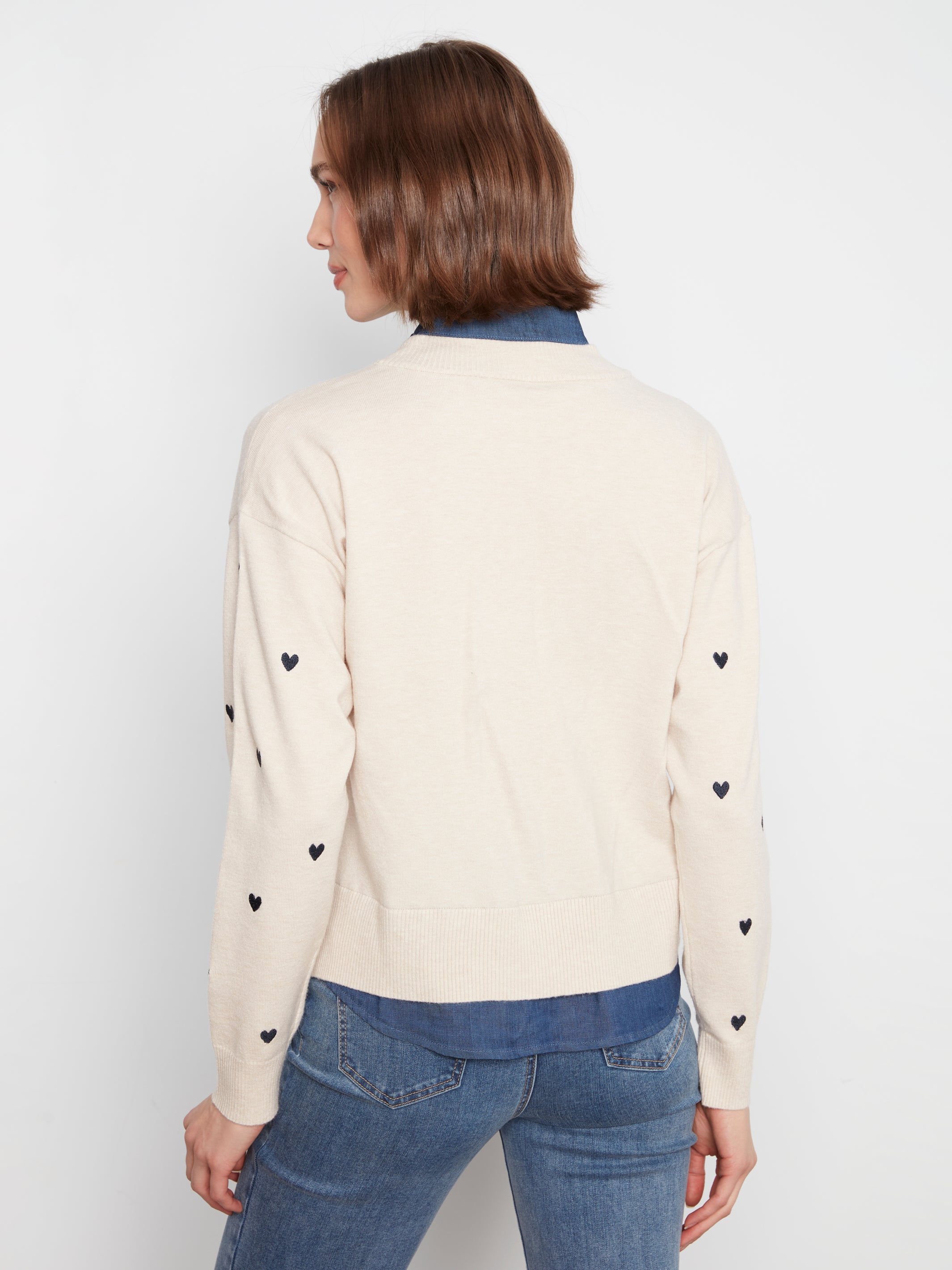 Layered Fooler Shirt Sweater with Embroidered Hearts